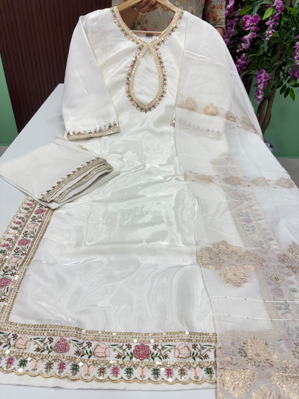 SS8399 Roman Glass Kurti With Pant & Dupatta Set - White