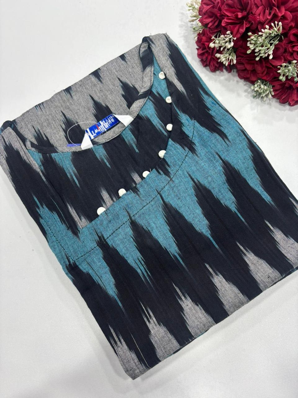 SS7460 Ikkat Cotton Kurti Office Wear Ikkat Cotton Side Open Kurti Fabric Cotton Length 41 inches CHART M 36 to 38 INCHES L 38 to 40 INCHES XL 40 to 42 INCHES XXL 42 to 44 INCHES
