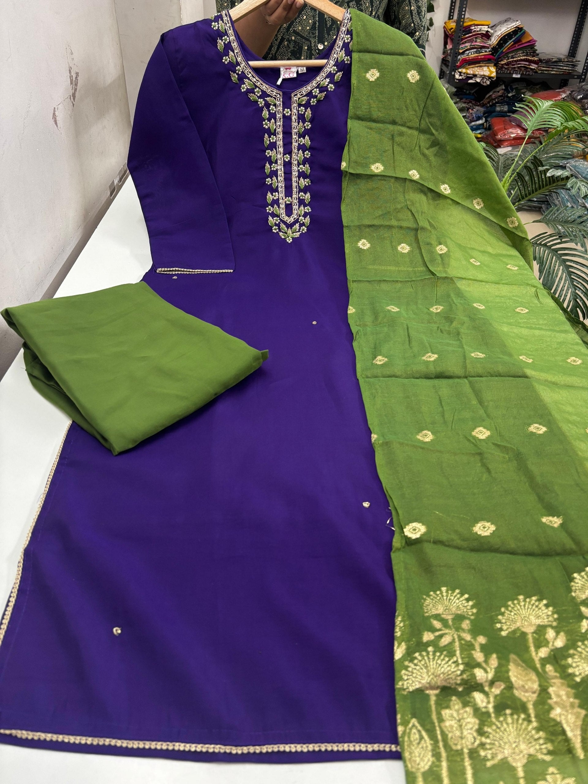 Roman Silk Kurti With Pant & Dupatta Set