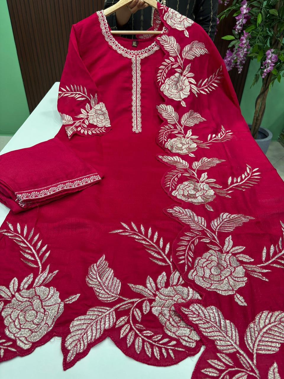 SS7488 Premium Vichitra Silk Kurti With Pant & Dupatta Set