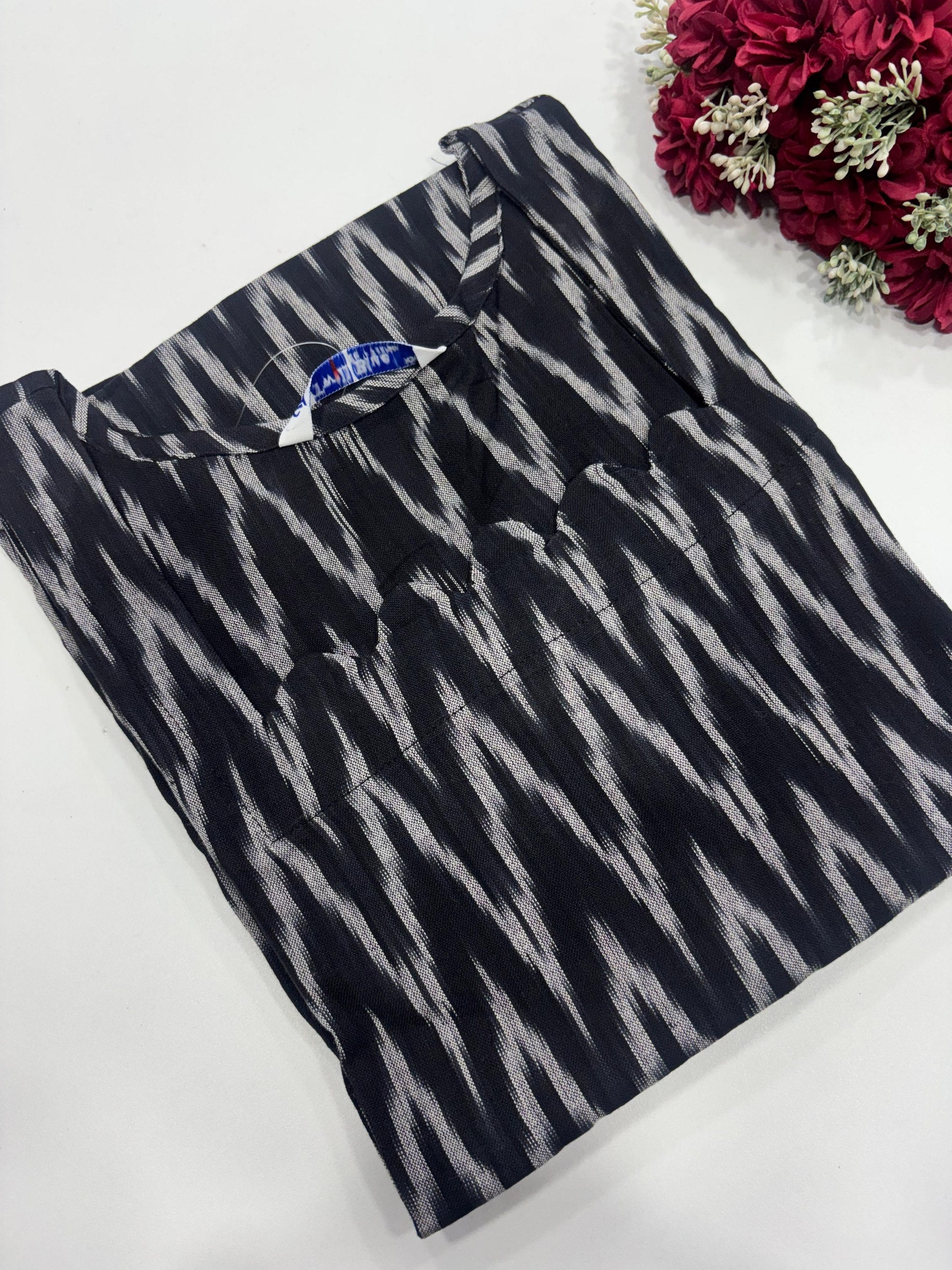 SS7458 Ikkat Cotton Kurti Office Wear Ikkat Cotton Side Open Kurti Fabric Cotton Length 41 inches CHART M 36 to 38 INCHES L 38 to 40 INCHES XL 40 to 42 INCHES XXL 42 to 44 INCHES