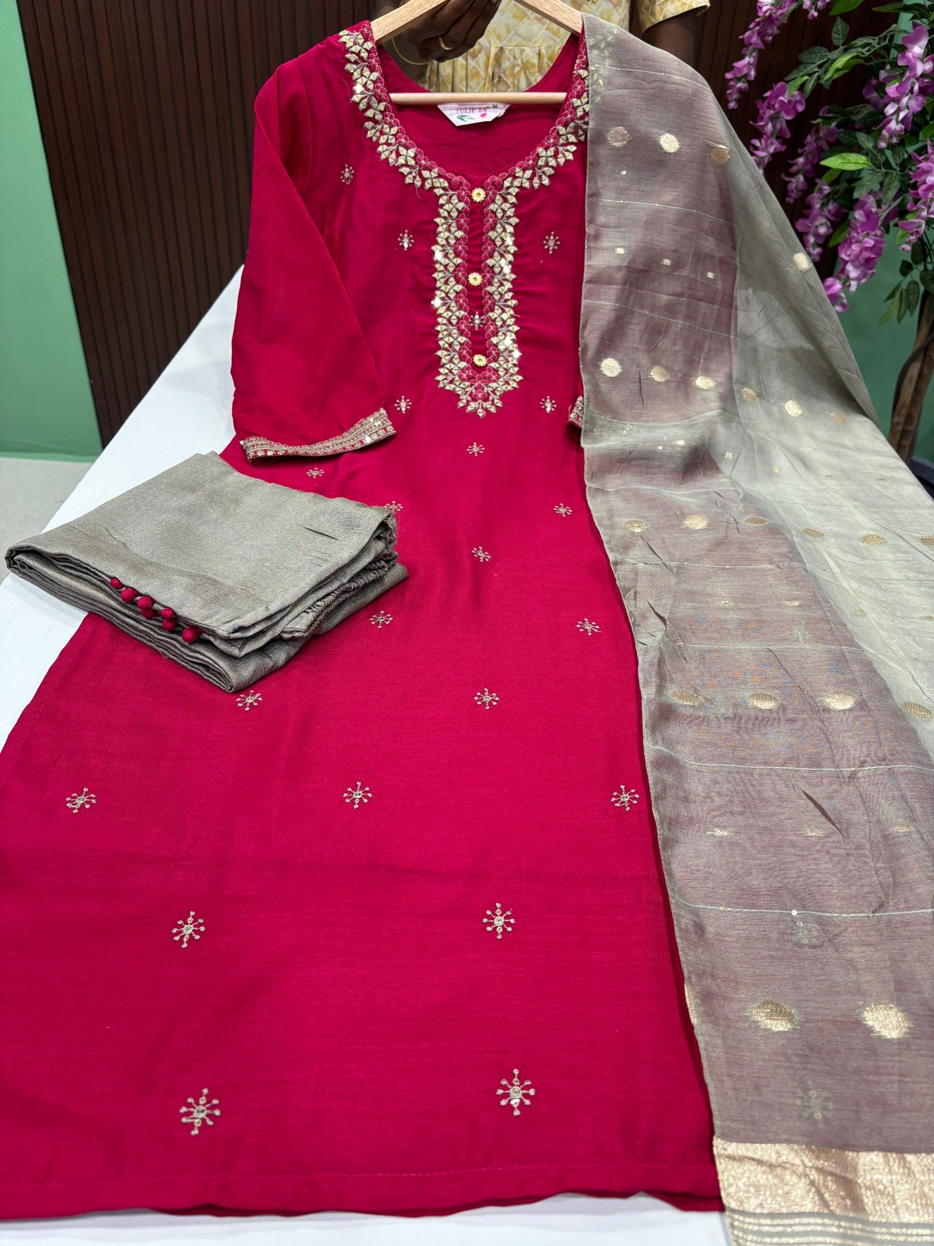 SS7490 Vichitra Silk Kurti With Pant & Dupatta Set