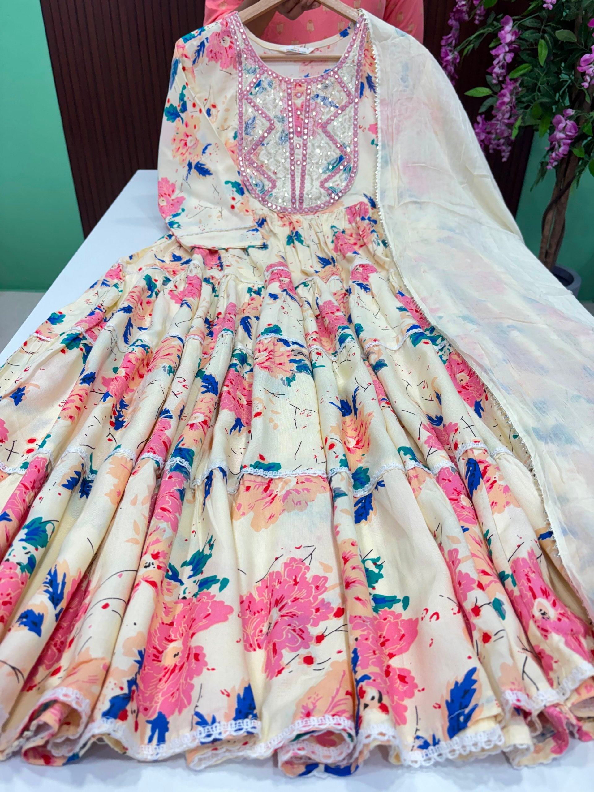 SS7607 Full Flared Tiered Anarkali with Dupatta Set