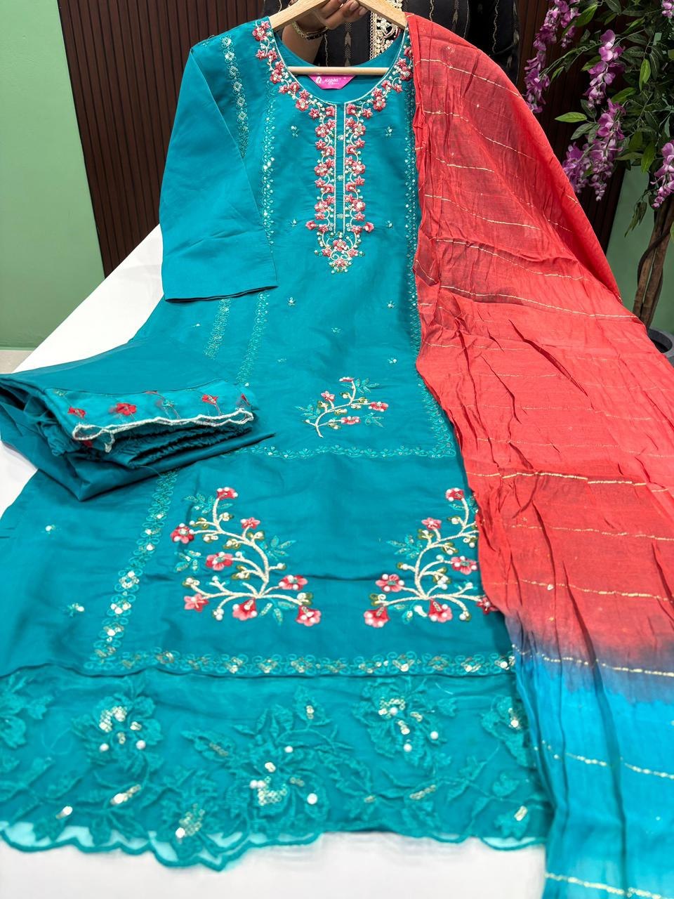 SS7484 Roman Silk Kurti With Pant & Dupatta Set