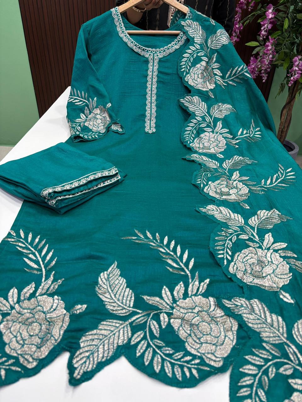 SS7486 Premium Vichitra Silk Kurti With Pant & Dupatta Set