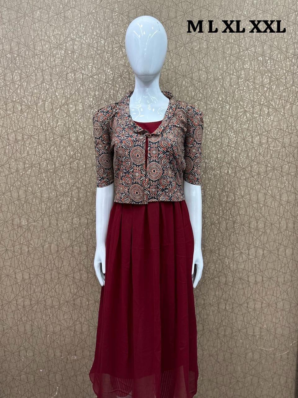 Georgette Kurti With Ajrak Jacket