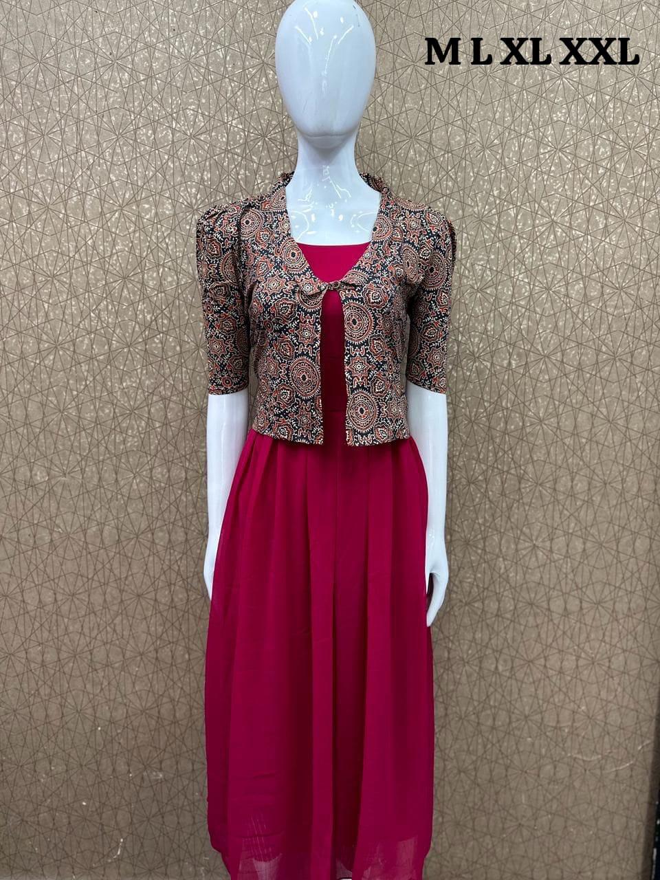 Georgette Kurti With Ajrak Jacket