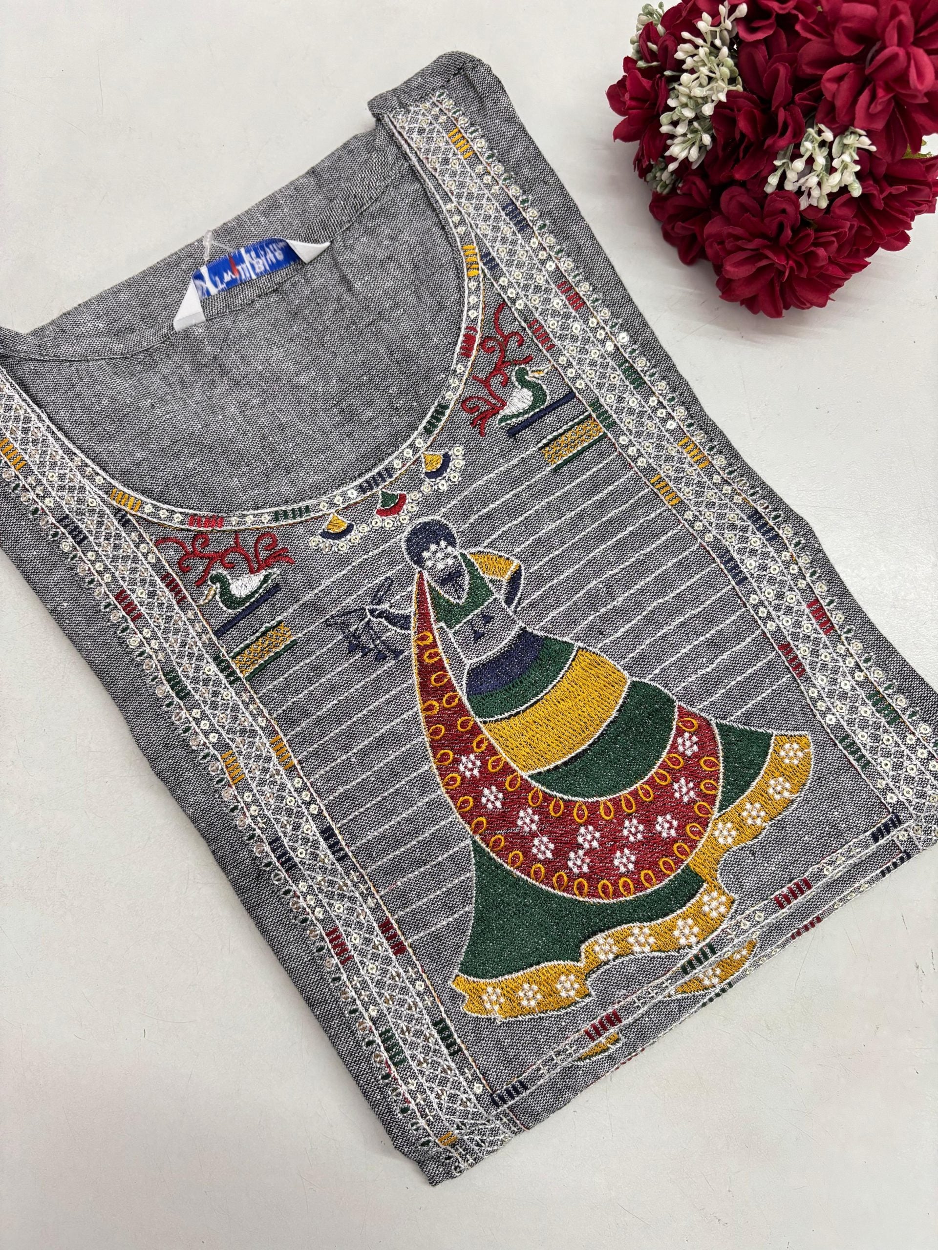 Handloom Cotton Embroidery Kurti - Grey
