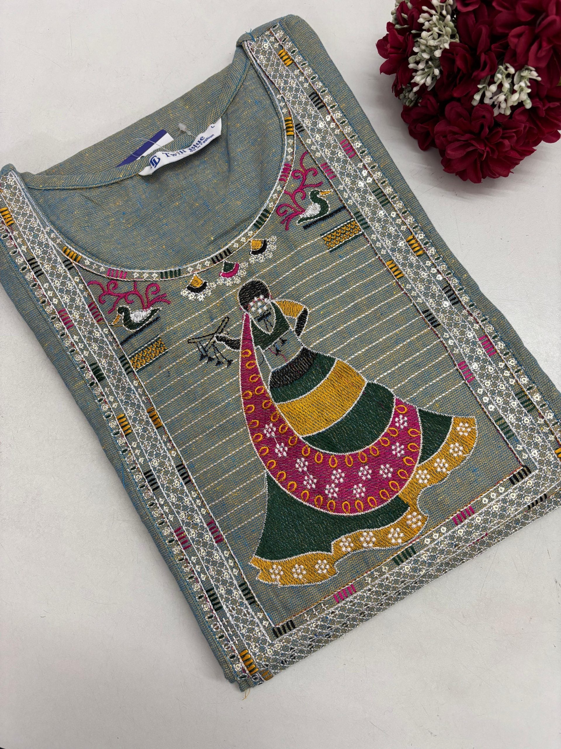 Handloom Cotton Embroidery Kurti - Green & Blue Mixed