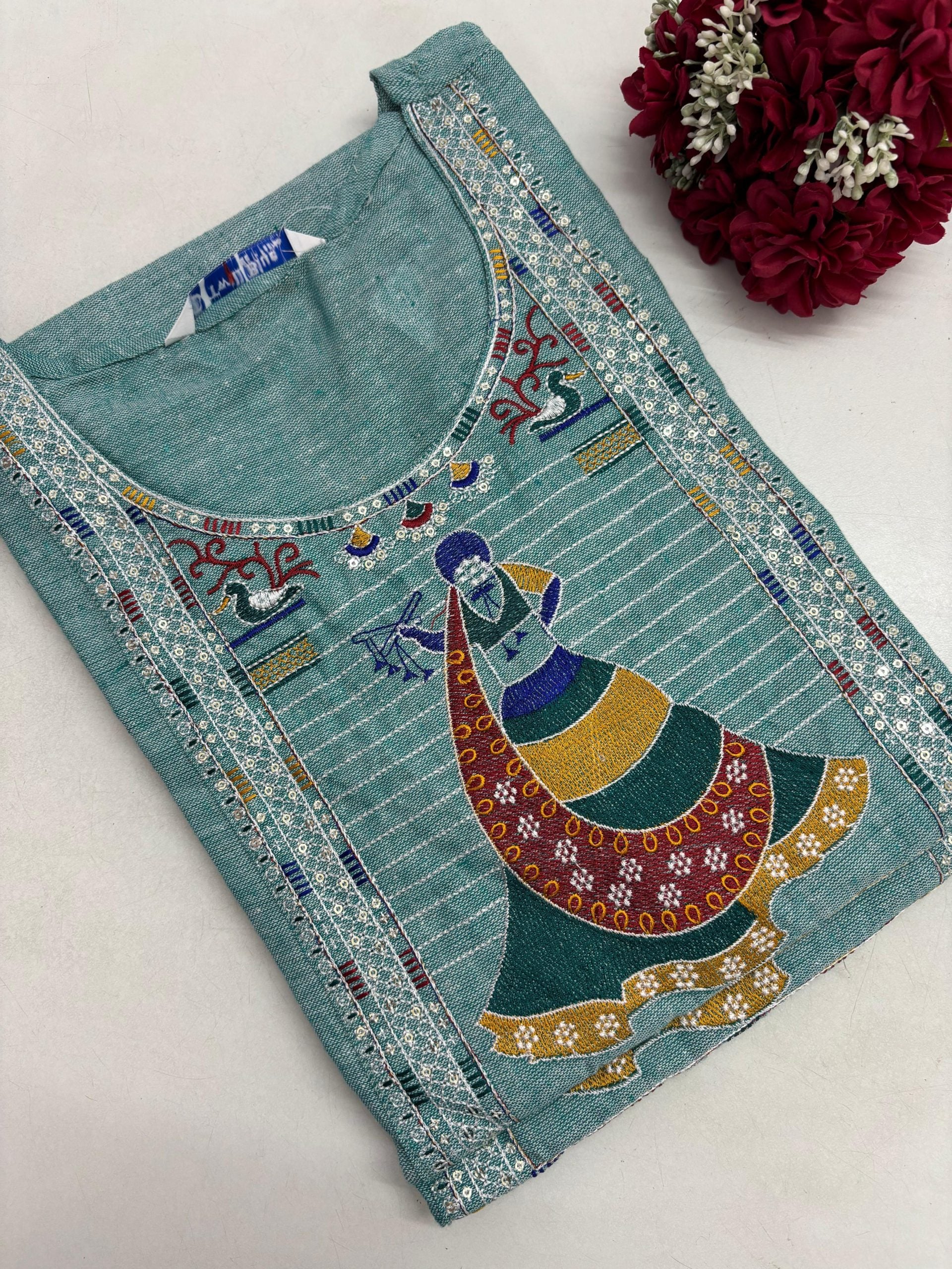 Handloom Cotton Embroidery Kurti - Light Aqua Blue