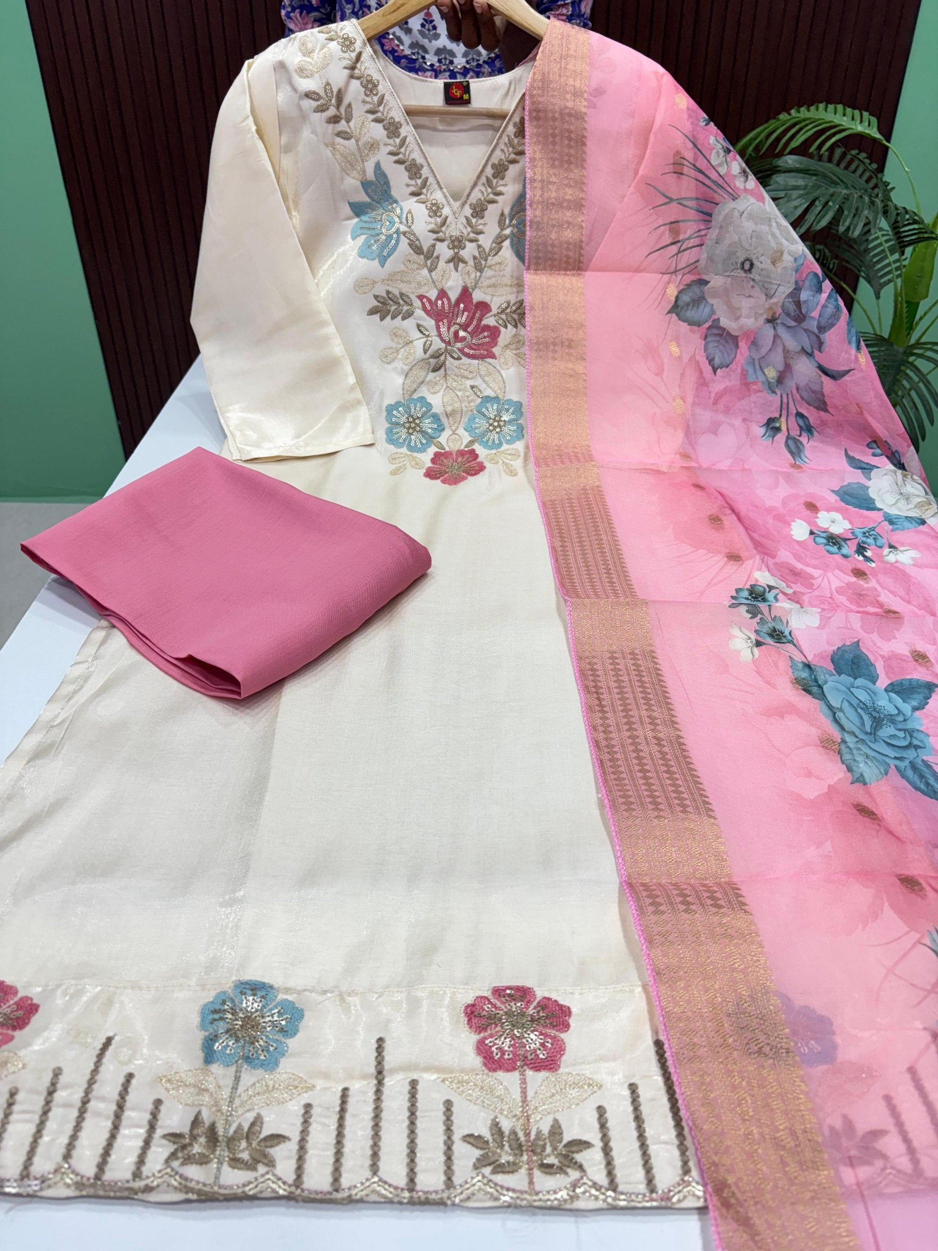 SS6908 Glass Tissue Silk Kurti with pant & Dupatta Set