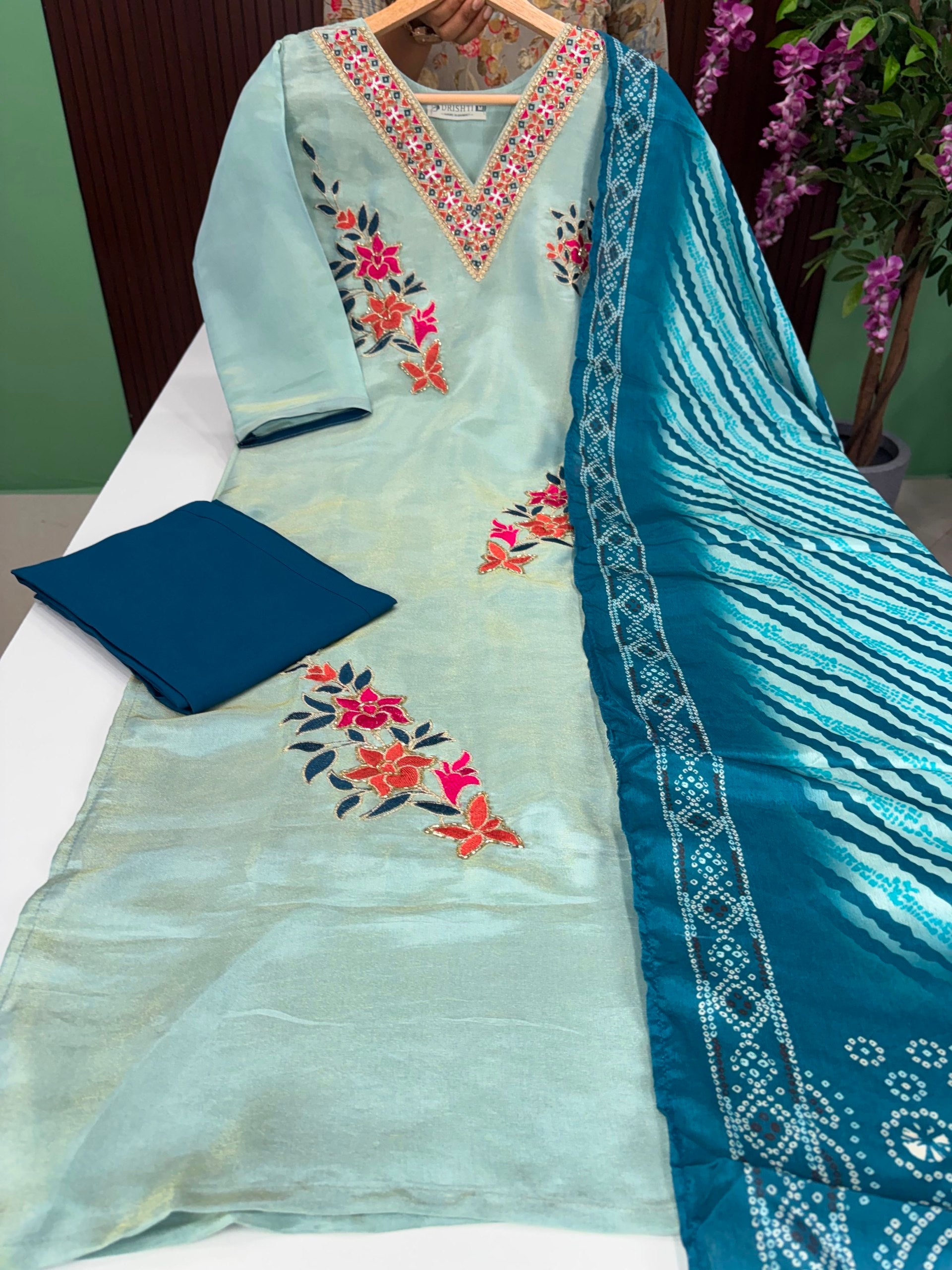SS6909 Tissue Silk Kurti with pant & Dupatta Set