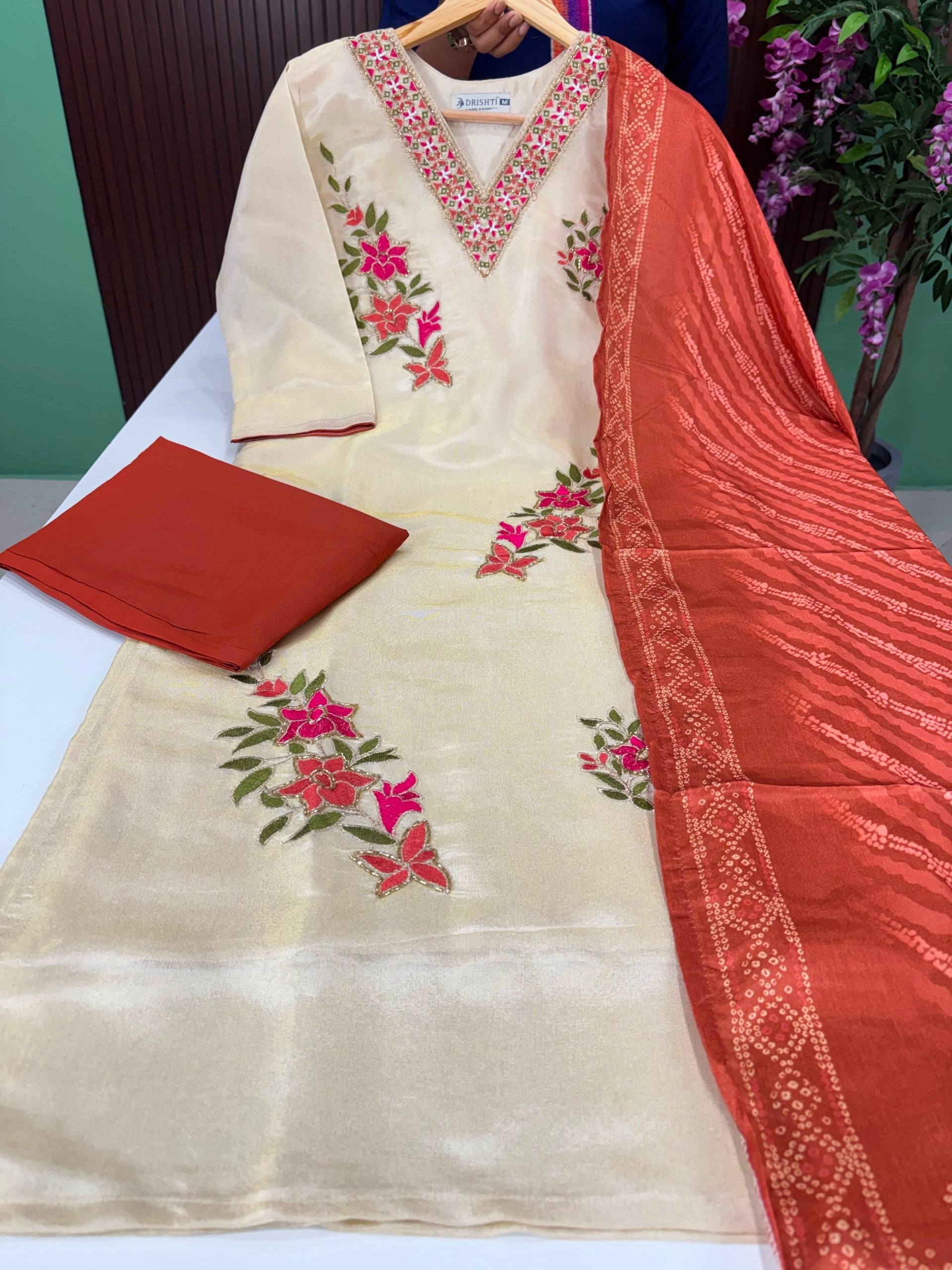 SS6910 Tissue Silk Kurti with pant & Dupatta Set
