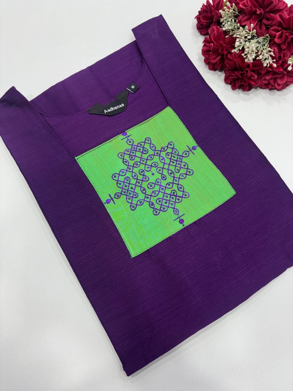 Traditional Kolam Embroidered Raw Silk Kurti