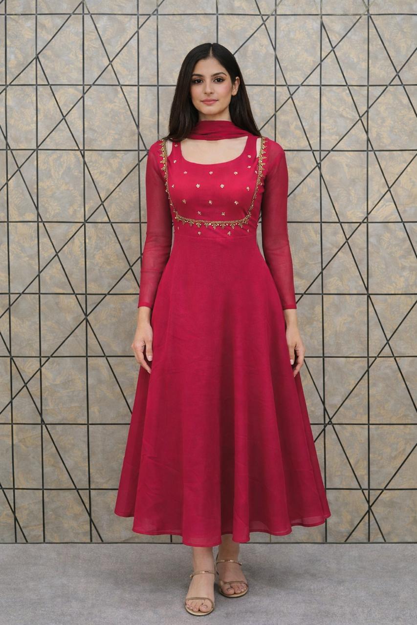 Georgette Flared Umbrella Kurti Dupatta Set-RANI PINK