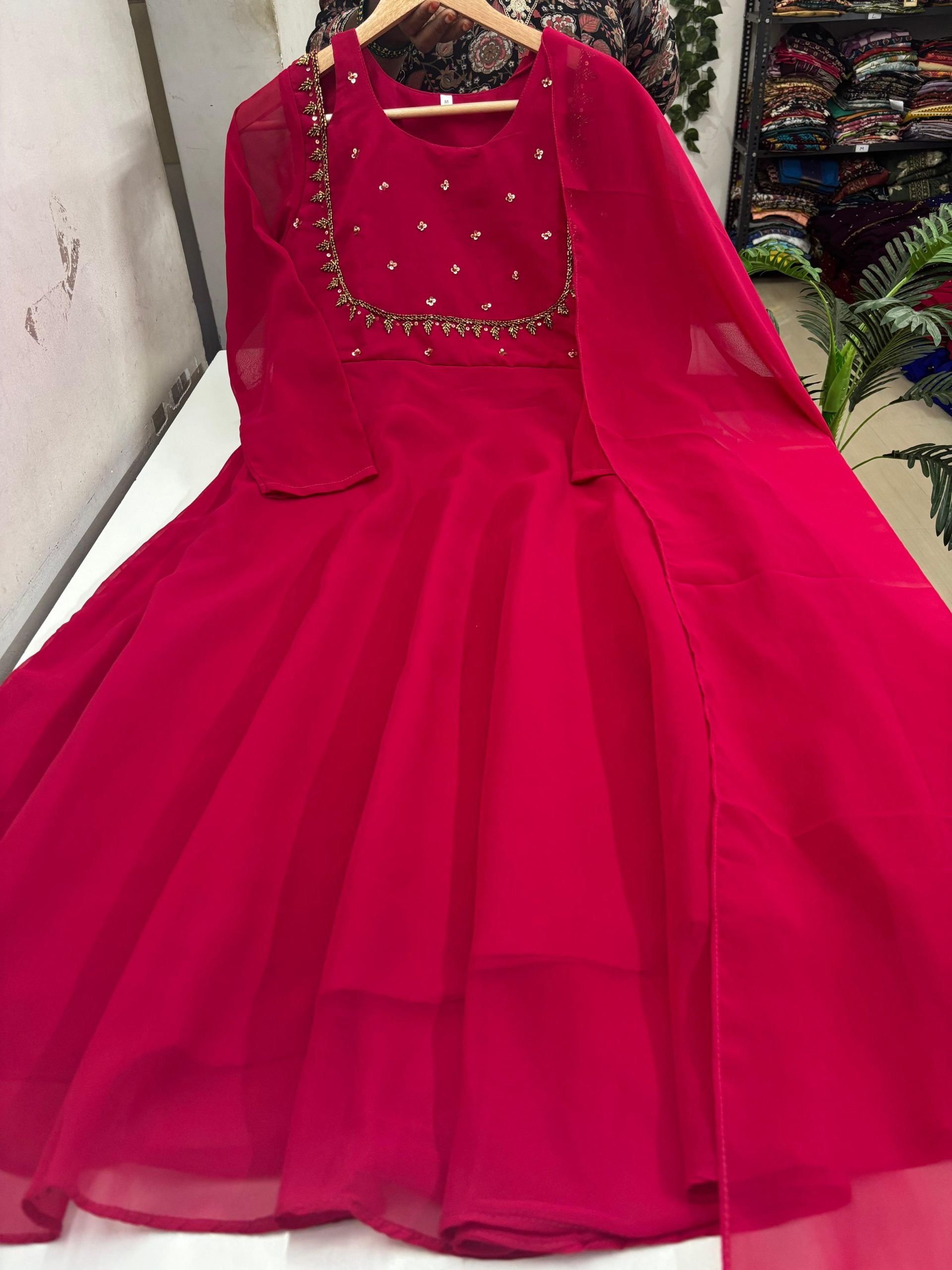 Georgette Flared Umbrella Kurti Dupatta Set-RANI PINK