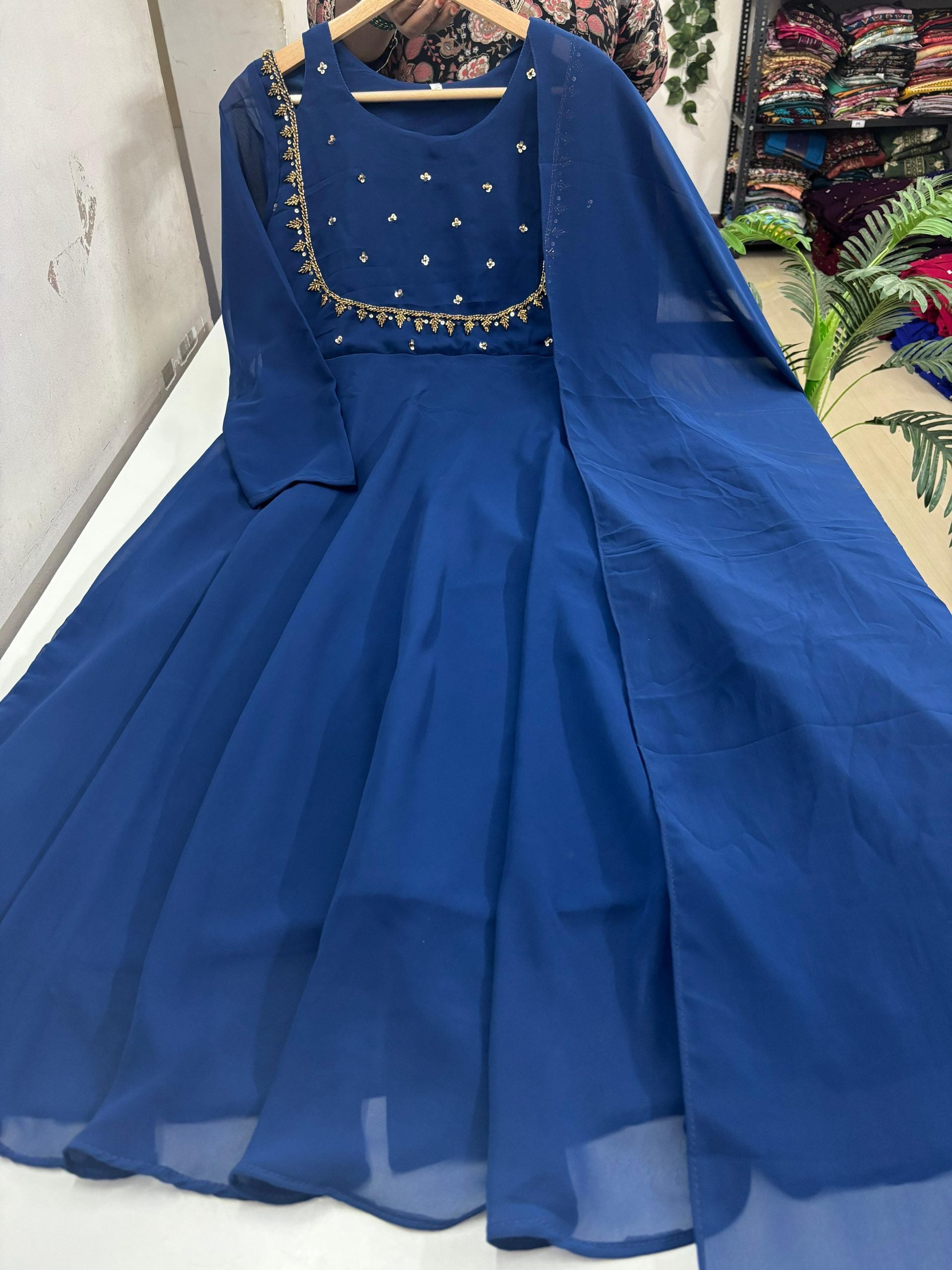 Georgette Flared Umbrella Kurti Dupatta Set-TEAL BLUE
