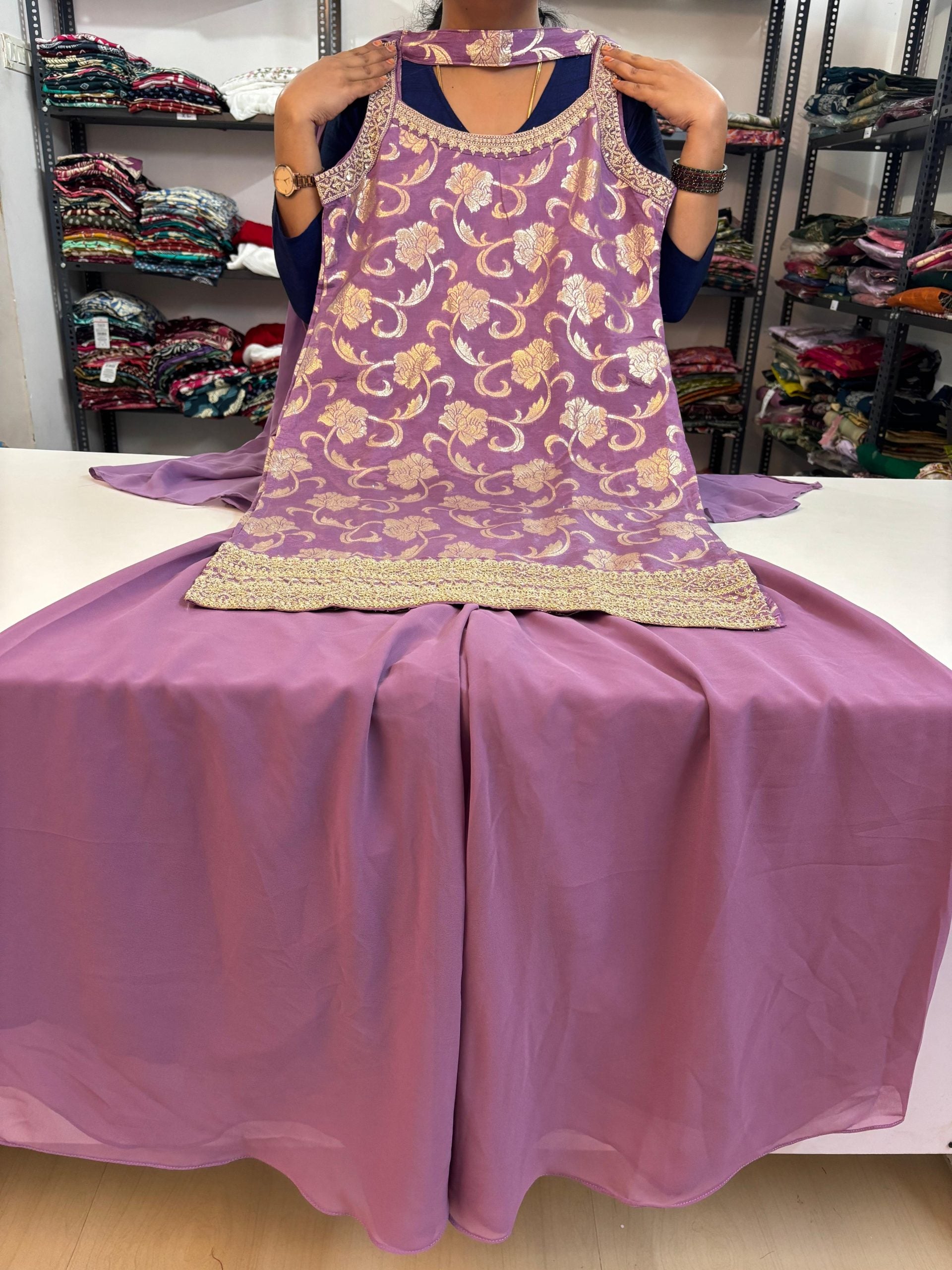 Brocade Banarasi Floral Spaghetti Style Sharara Suit - SLEEVELESS