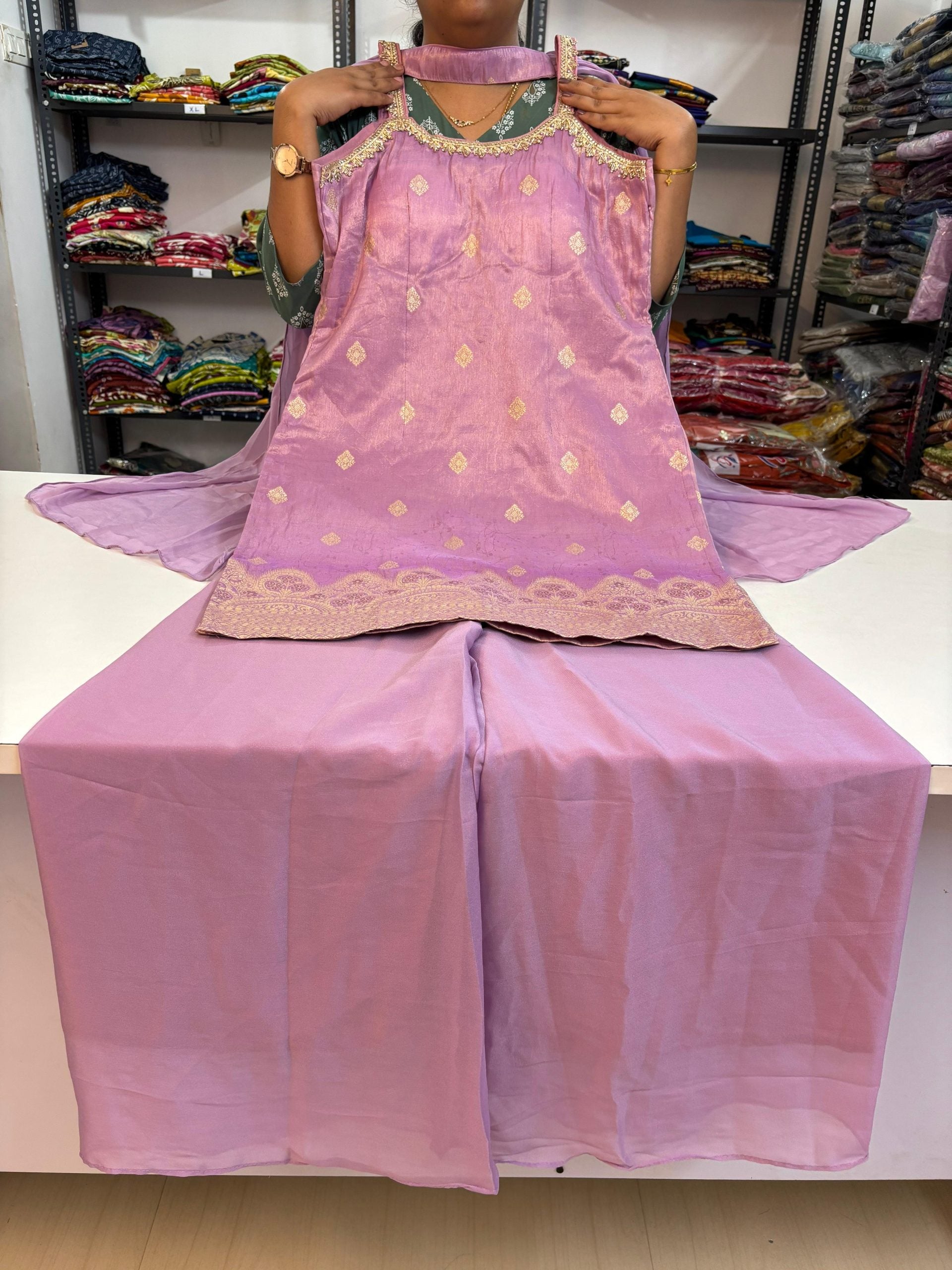 Brocade Banarasi Floral Spaghetti Style Sharara Suit