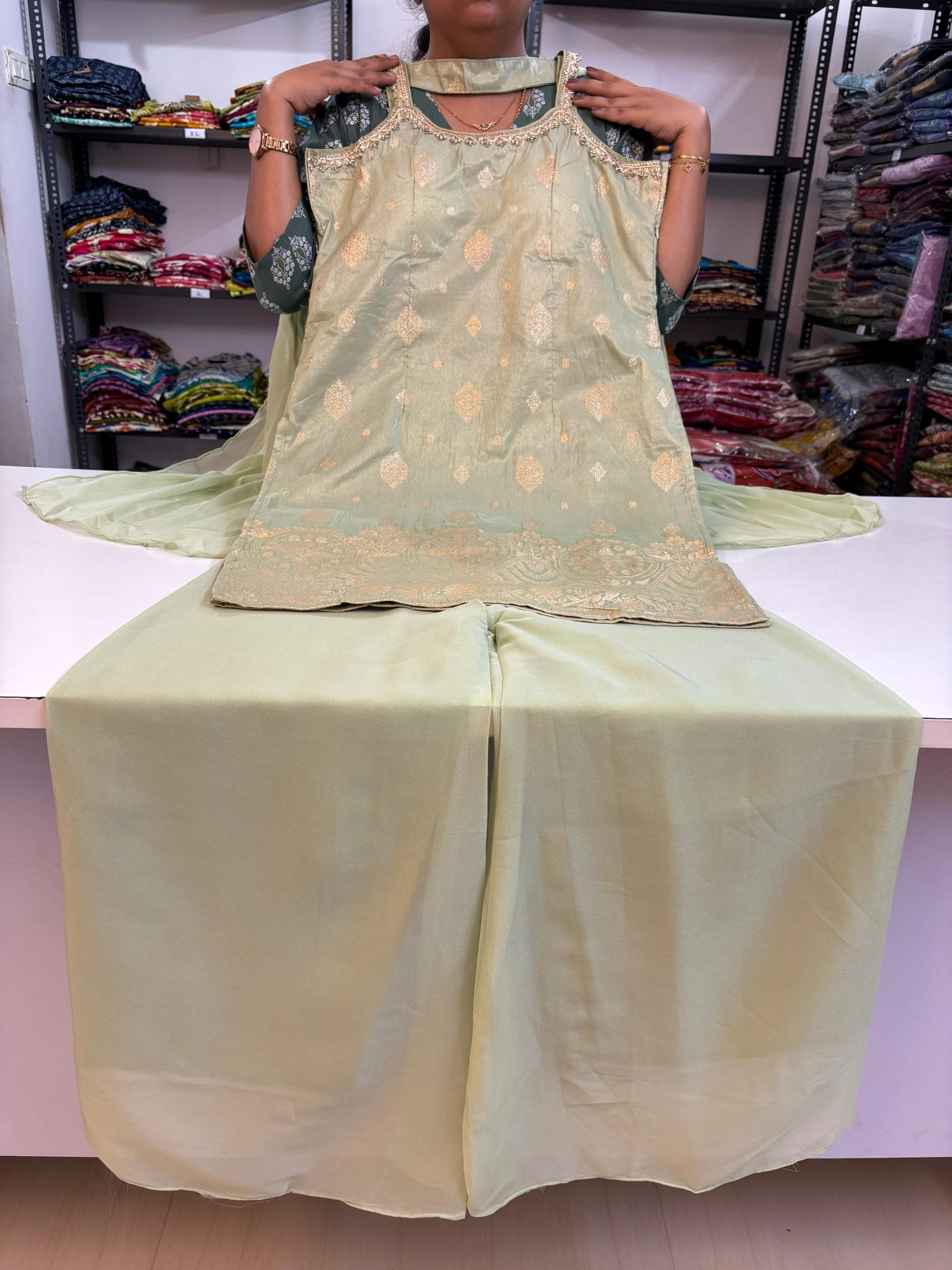 Brocade Banarasi Floral Spaghetti Style Sharara Suit