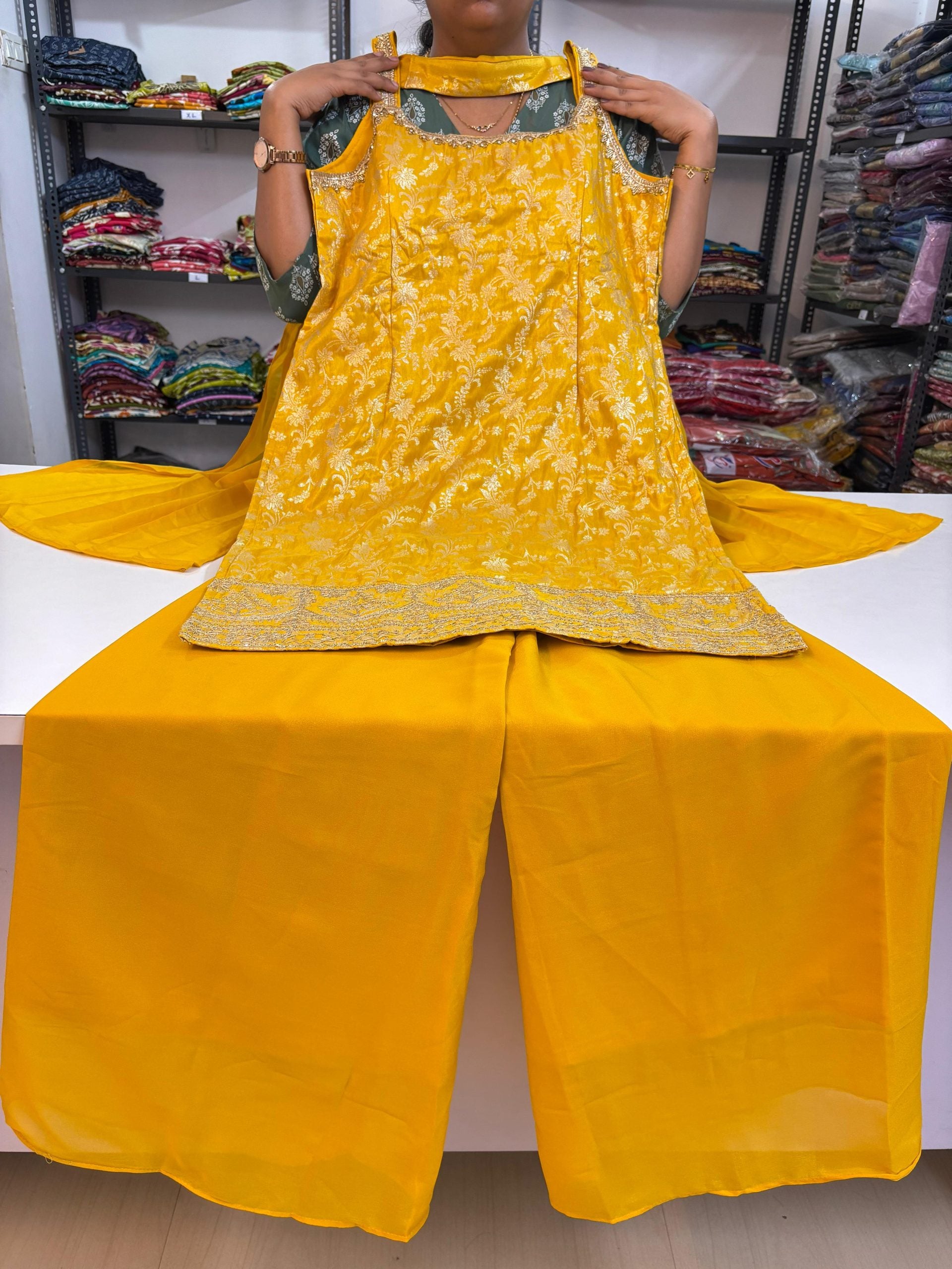 Brocade Banarasi Floral Spaghetti Style Sharara Suit