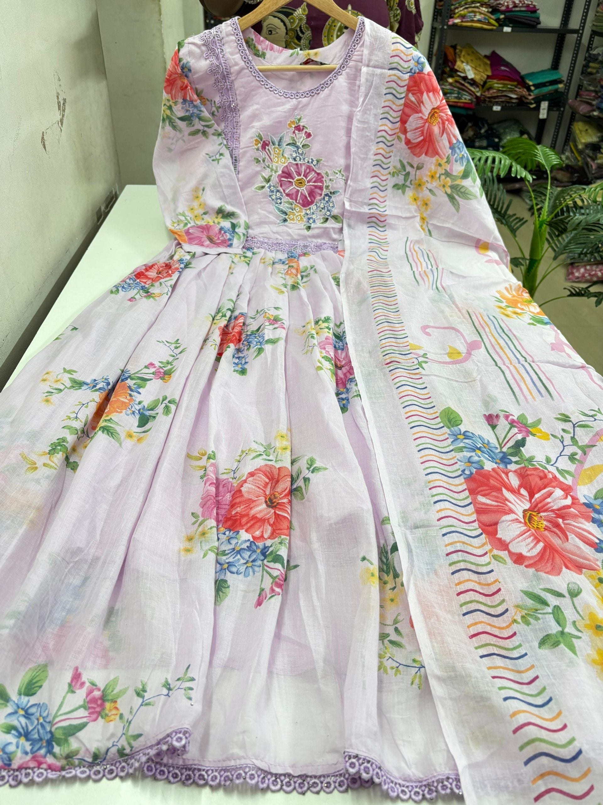 Mul Cotton Gathered Anarkali With Dupatta Set