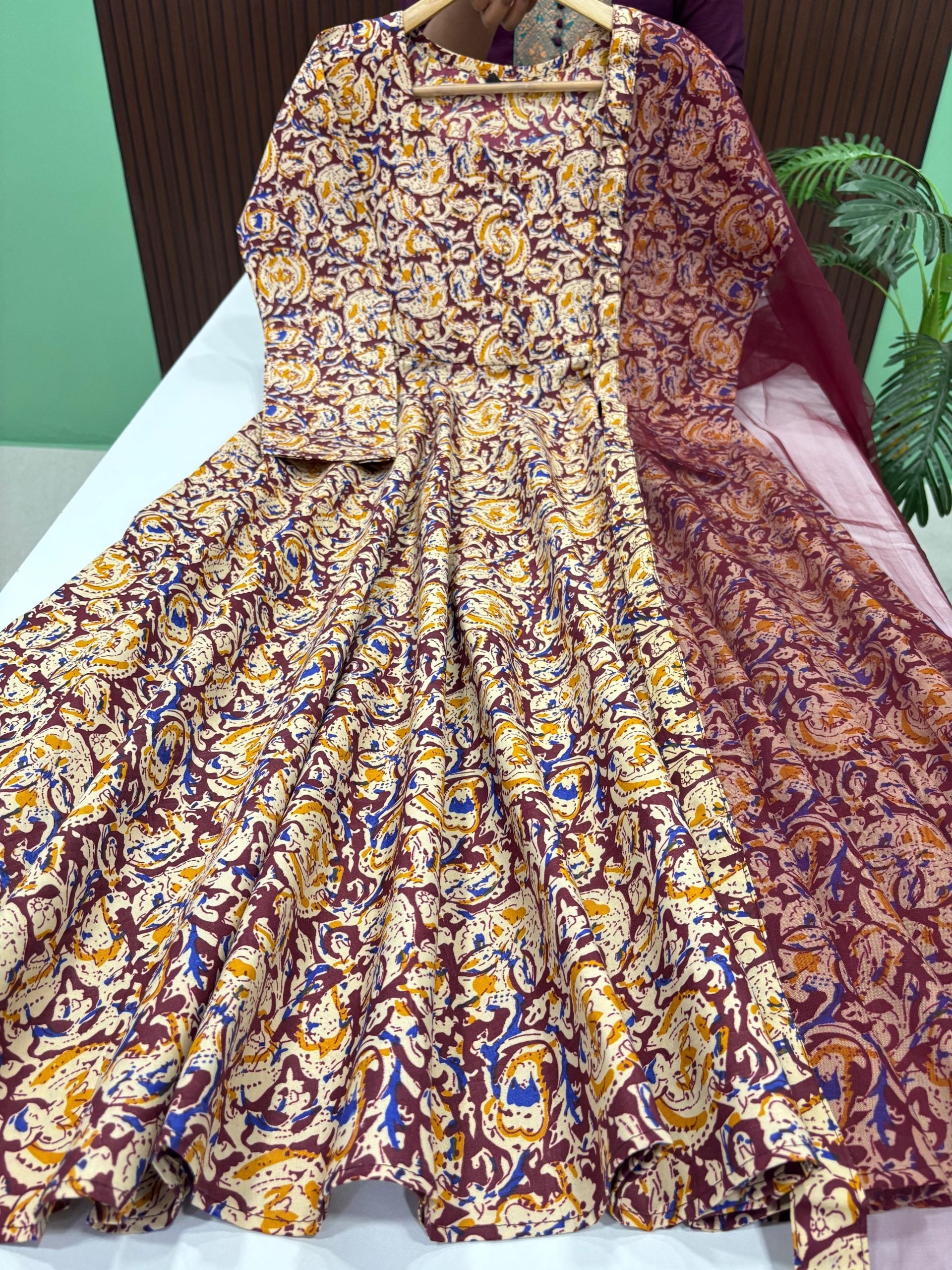 Kalamkari Anarkali With Dupatta Set-MAROON