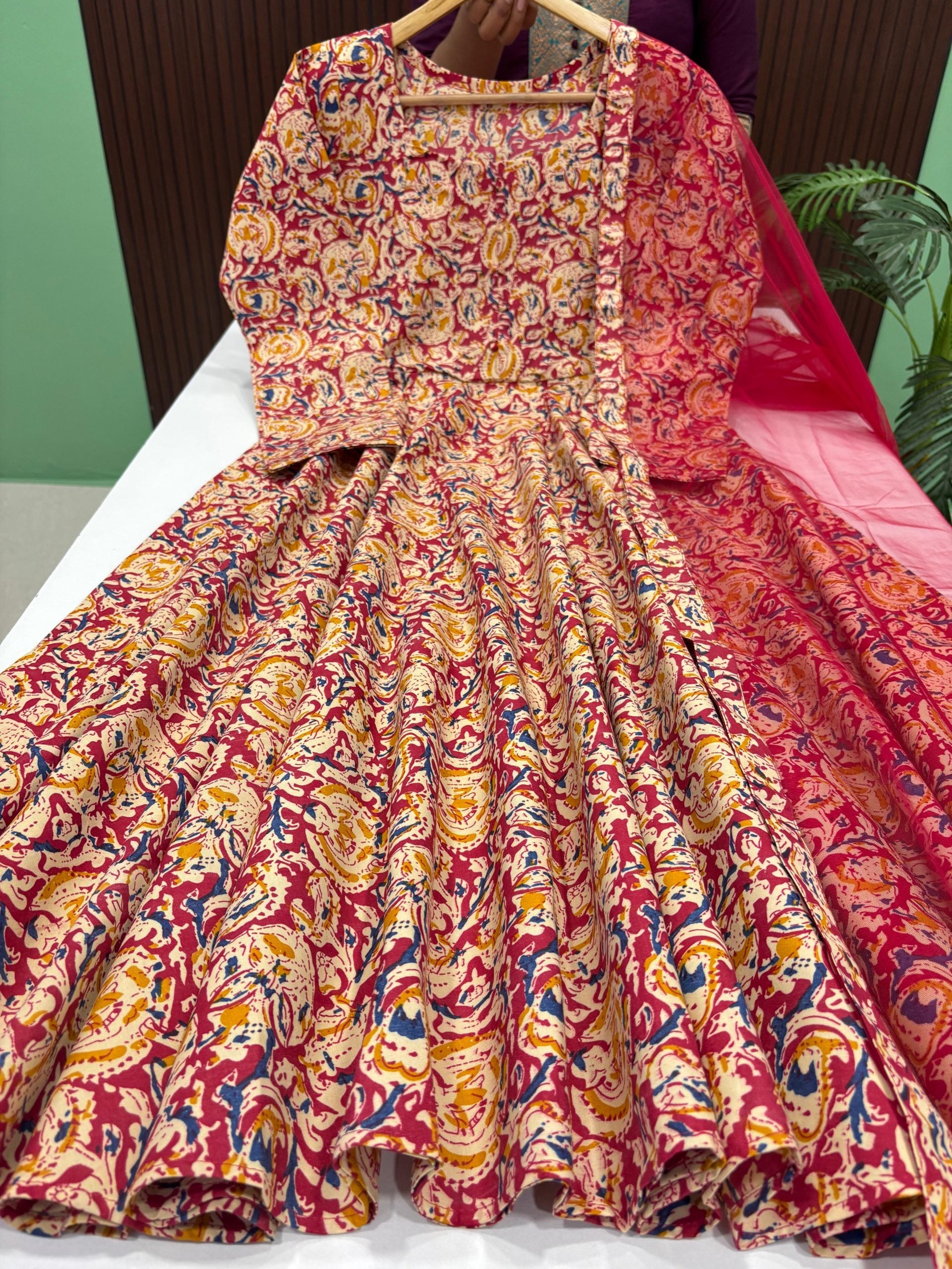 Kalamkari Anarkali With Dupatta Set-RED