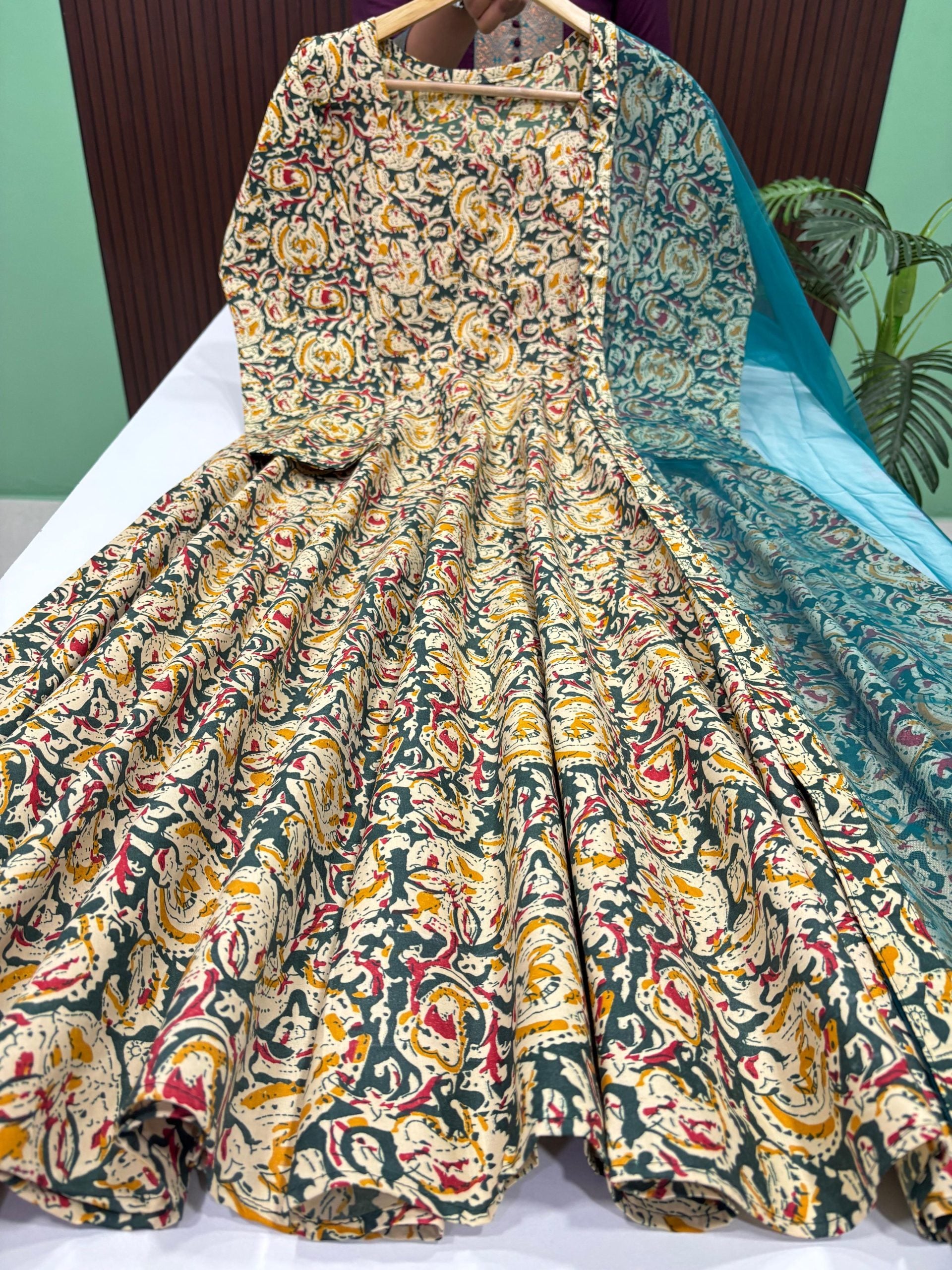 Kalamkari Anarkali With Dupatta Set-GREEN