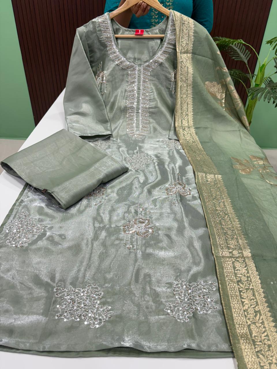 Premium Shimmer Satin Silk Kurti With Pant & Dupatta Set