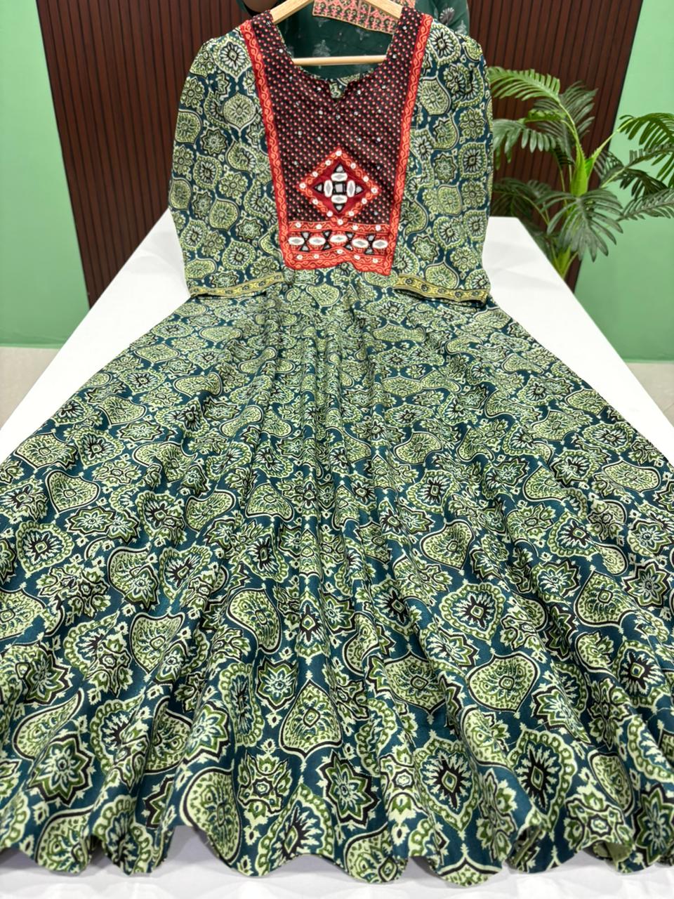 Ajrak Style Flared Anarkali - GREEN