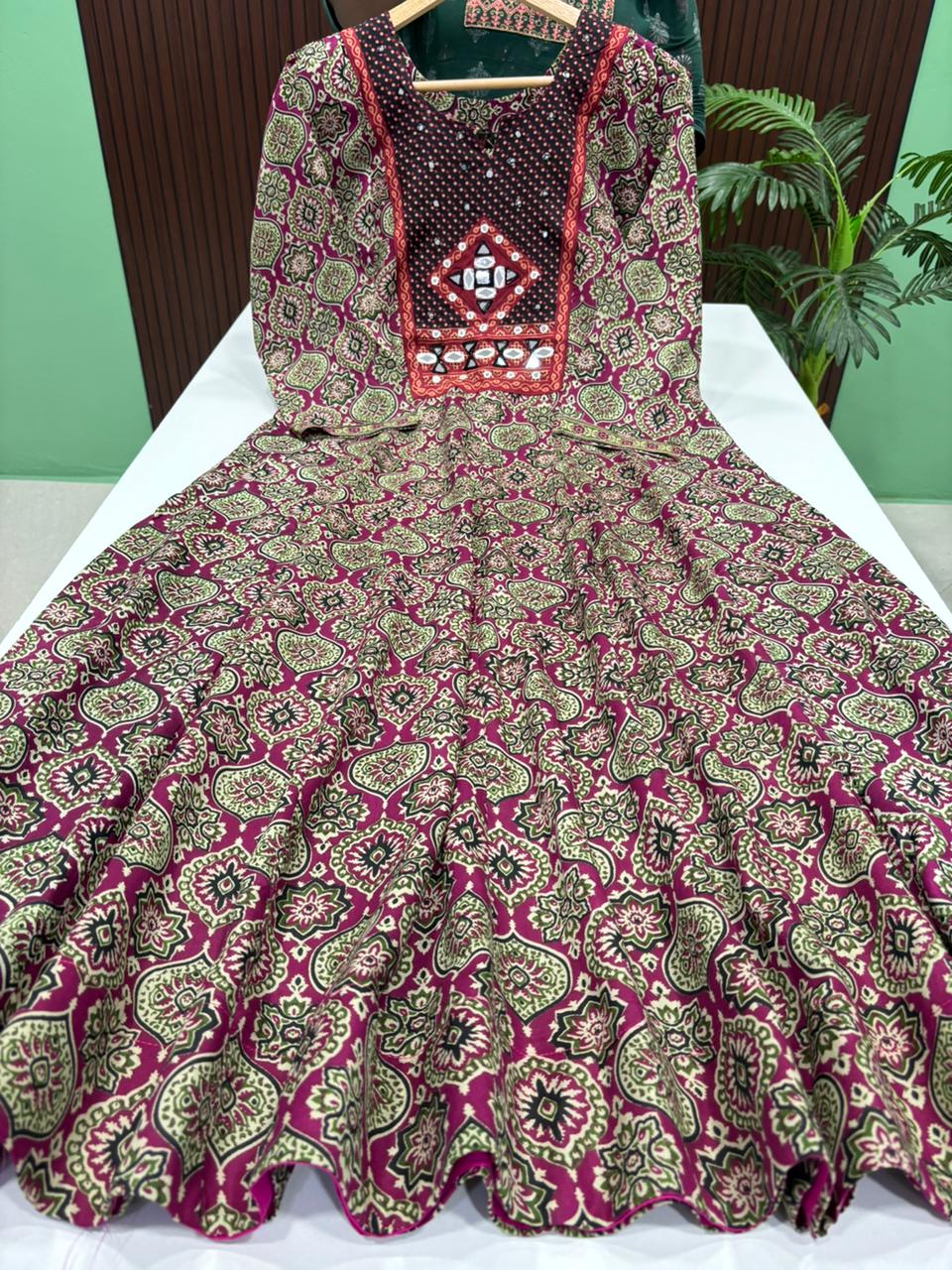 Ajrak Style Flared Anarkali- PINK
