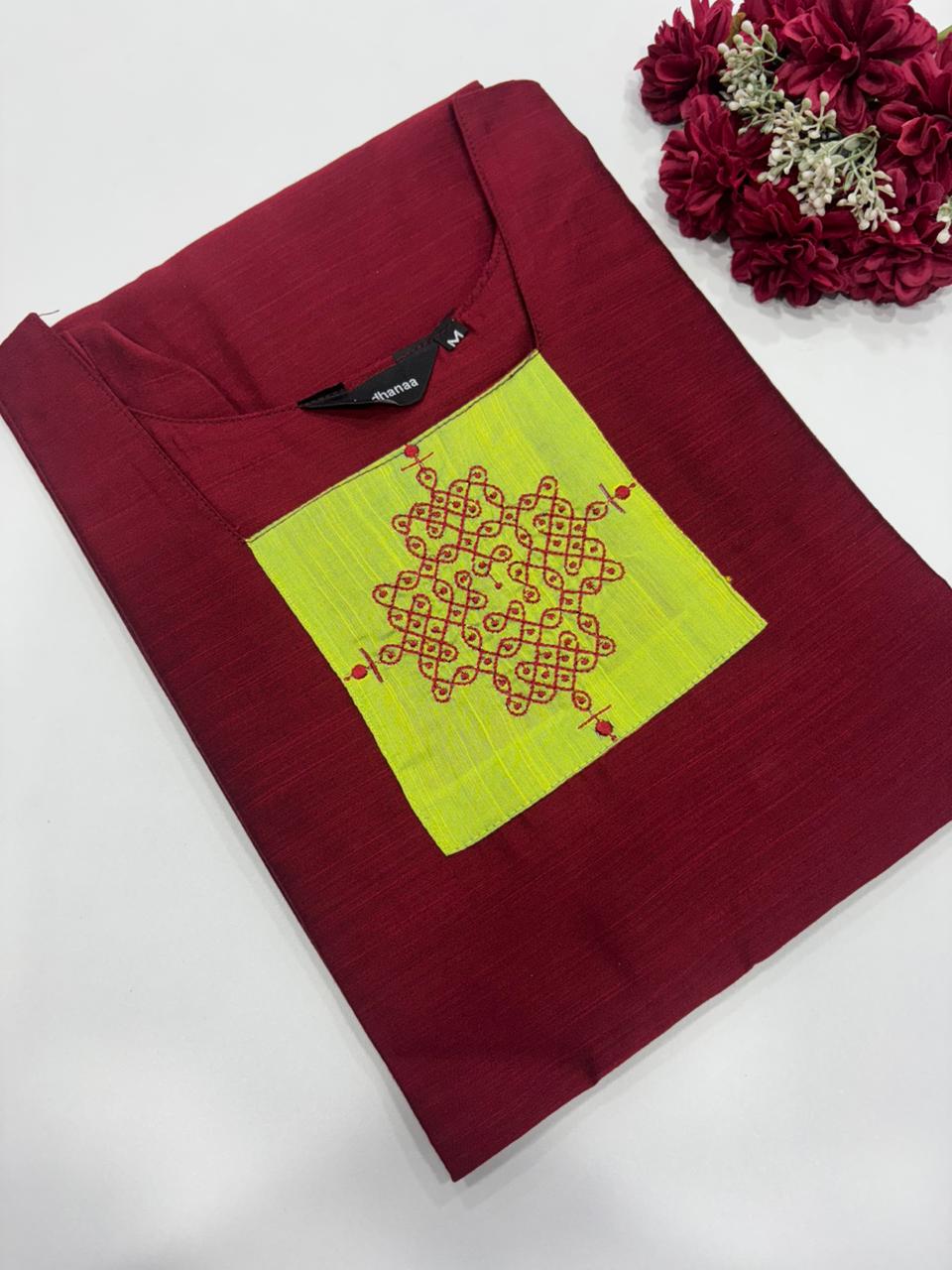 Traditional Kolam Embroidered Raw Silk Kurti