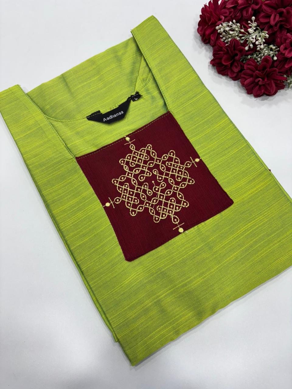 Traditional Kolam Embroidered Raw Silk Kurti