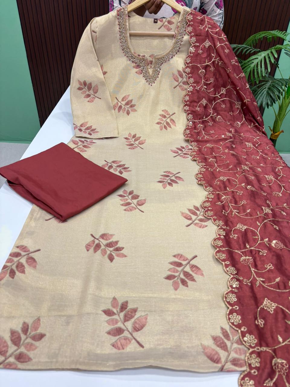 Premium Shimmer Tissue Silk Kurti With Pant & Dupatta Set