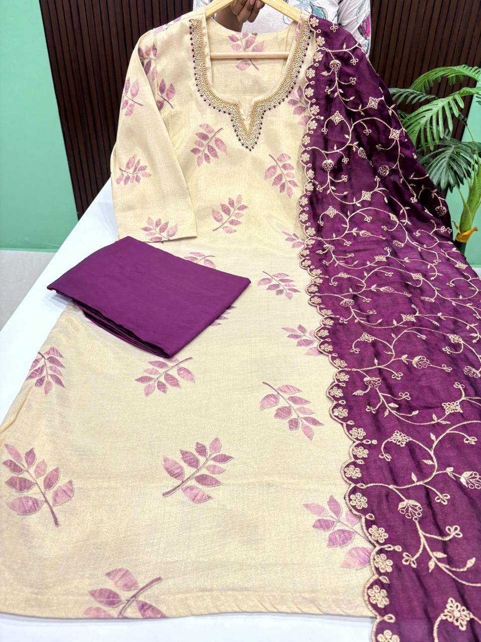 Premium Shimmer Tissue Silk Kurti With Pant & Dupatta Set