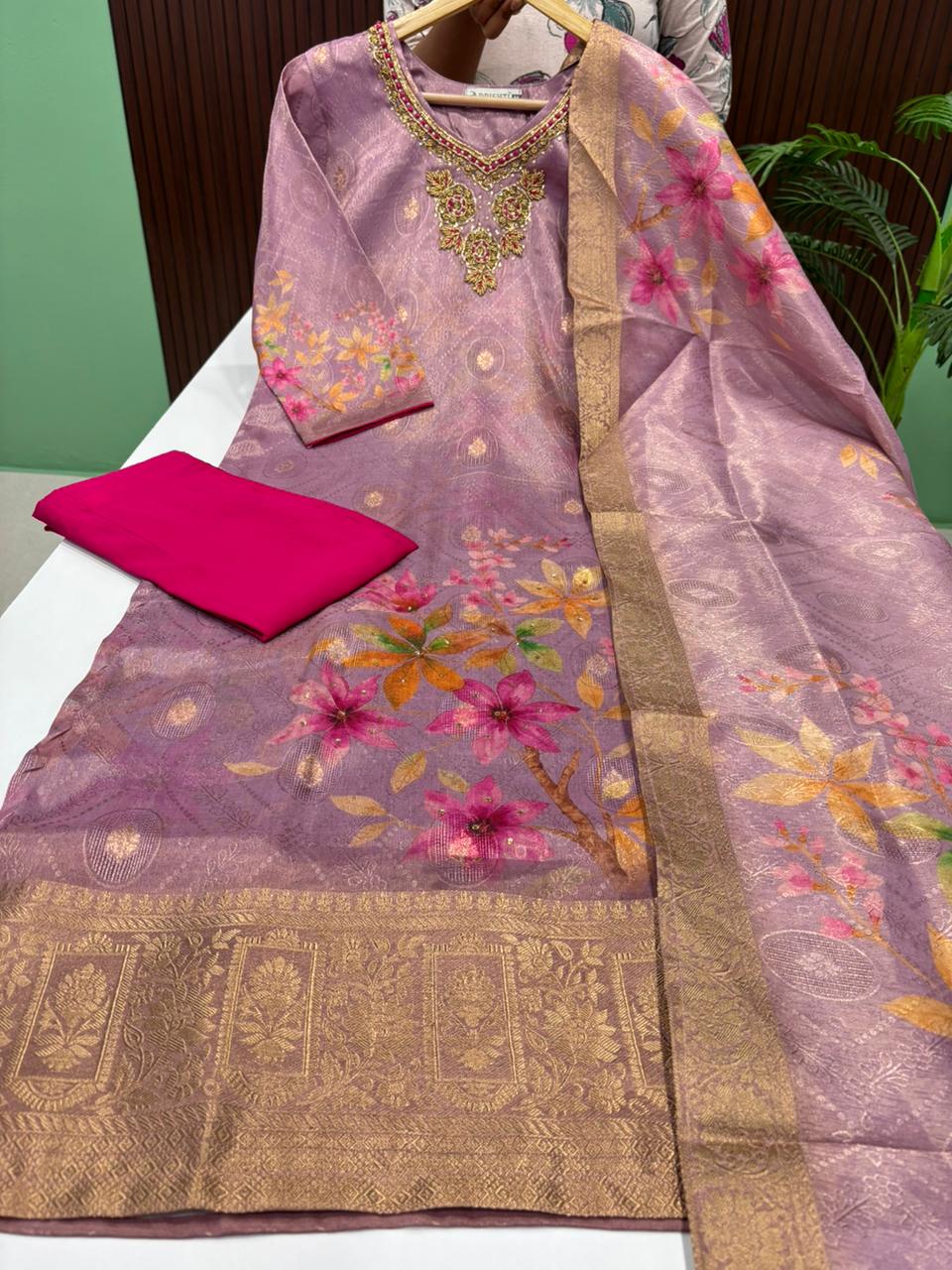 Premium Shimmer Tissue Silk Kurti With Pant & Dupatta Set