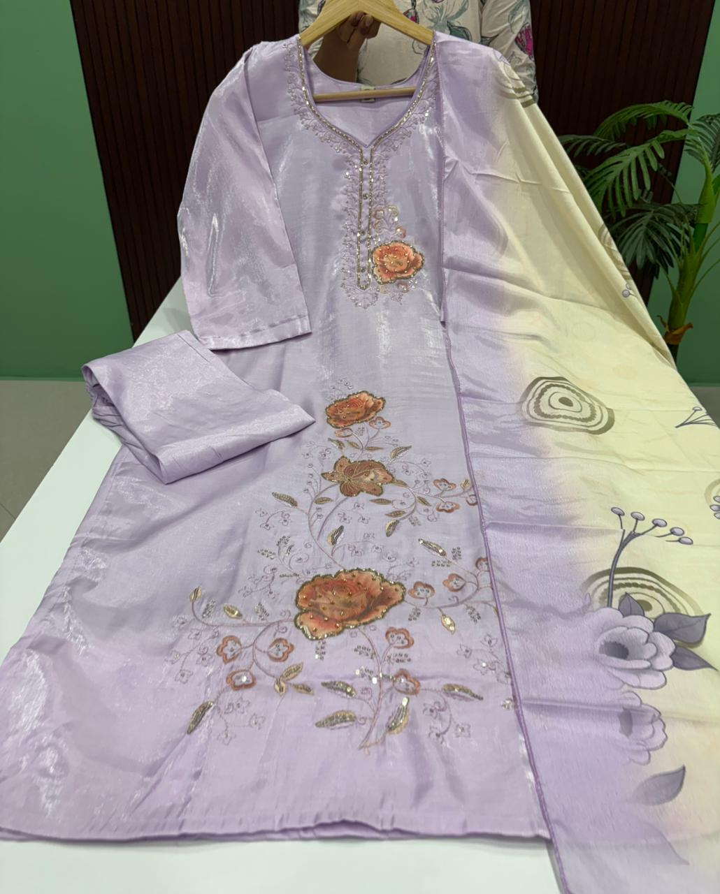 Premium Glass Tissue Silk Kurti With Pant & Dupatta Set