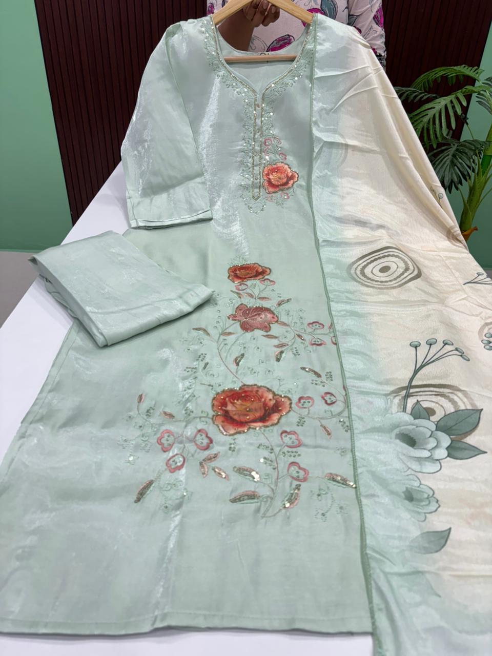 Premium Glass Tissue Silk Kurti With Pant & Dupatta Set