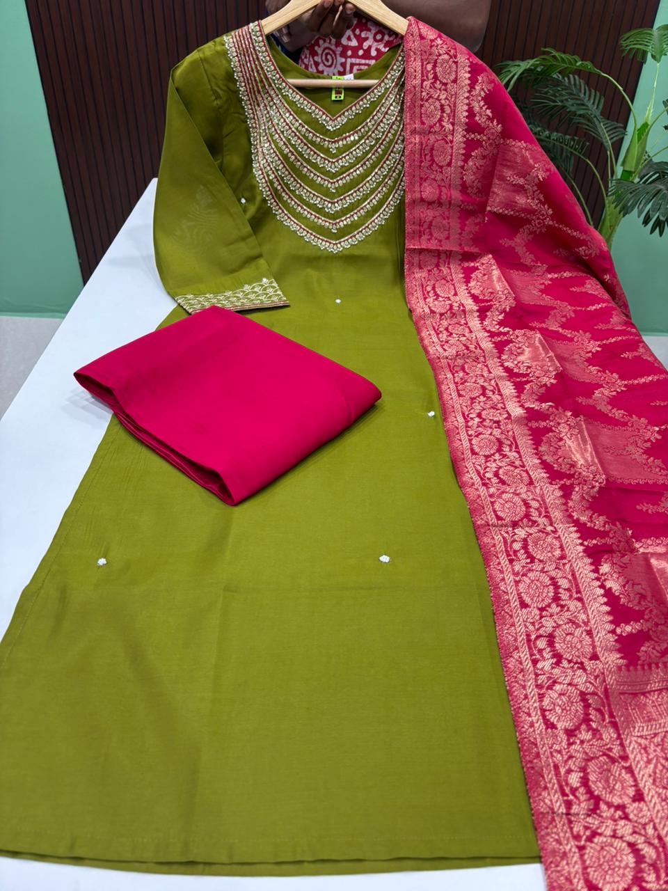 Premium Roman Silk Kurti With Pant & Dupatta Set