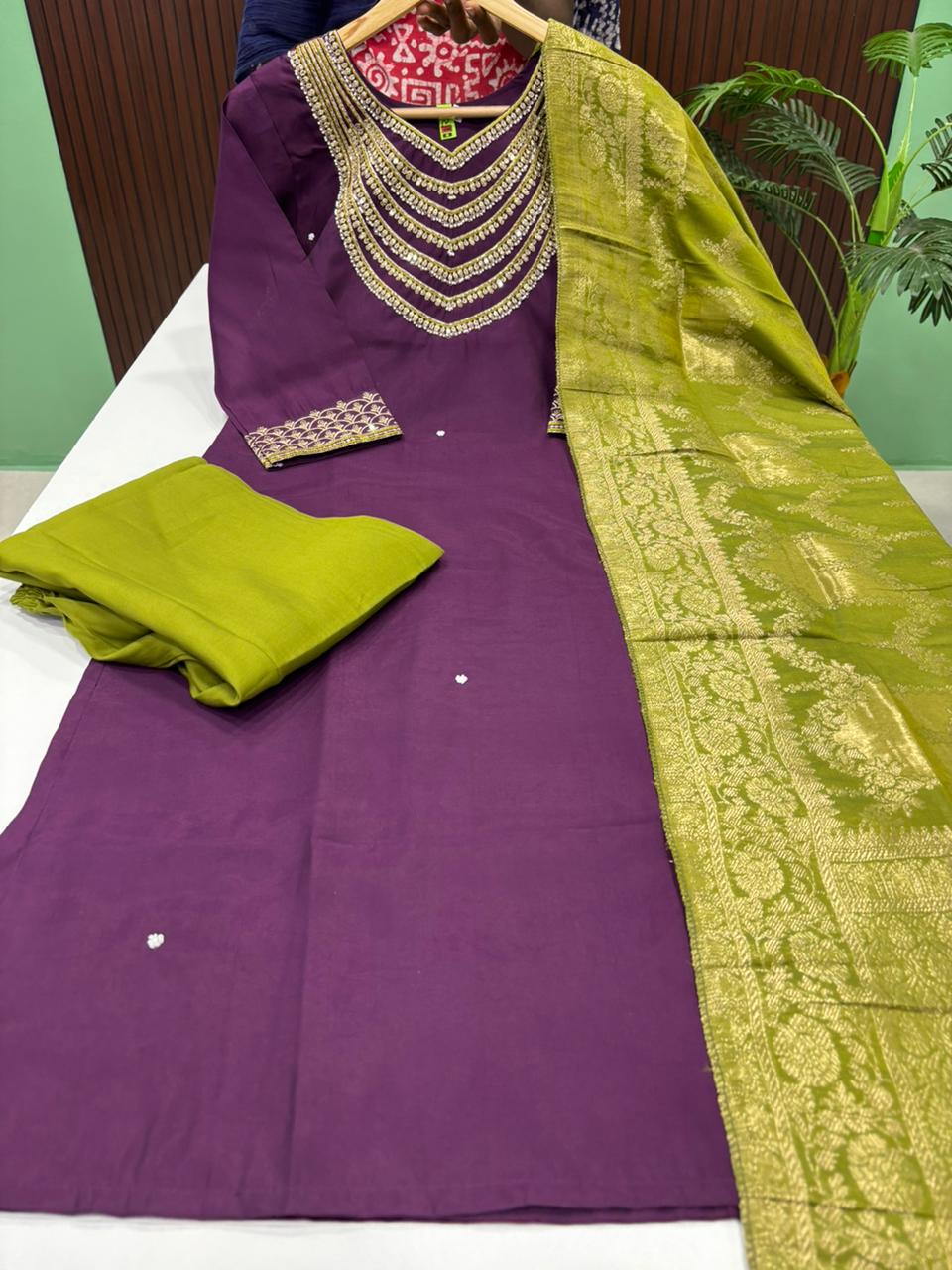 Premium Roman Silk Kurti With Pant & Dupatta Set
