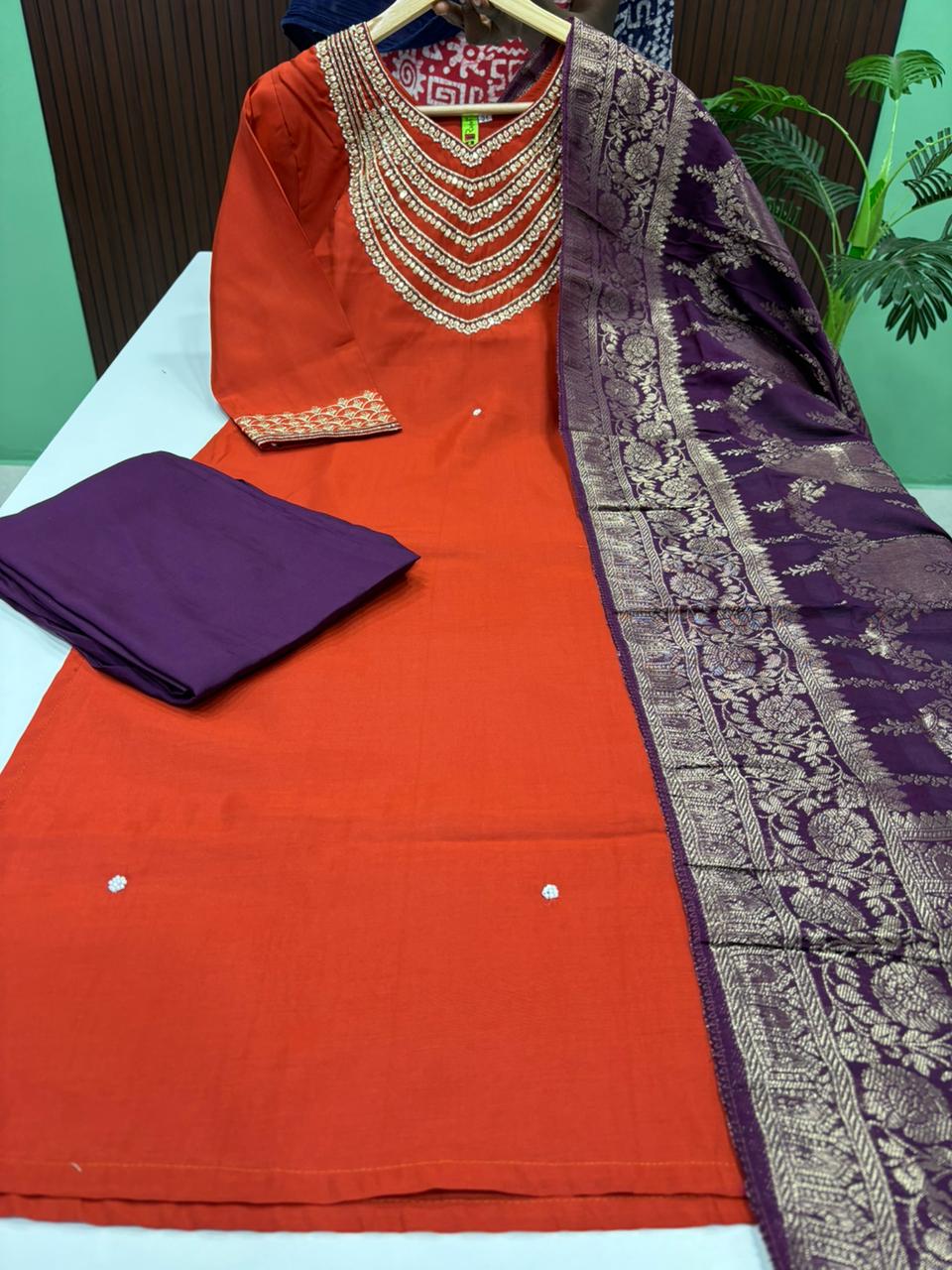 Premium Roman Silk Kurti With Pant & Dupatta Set