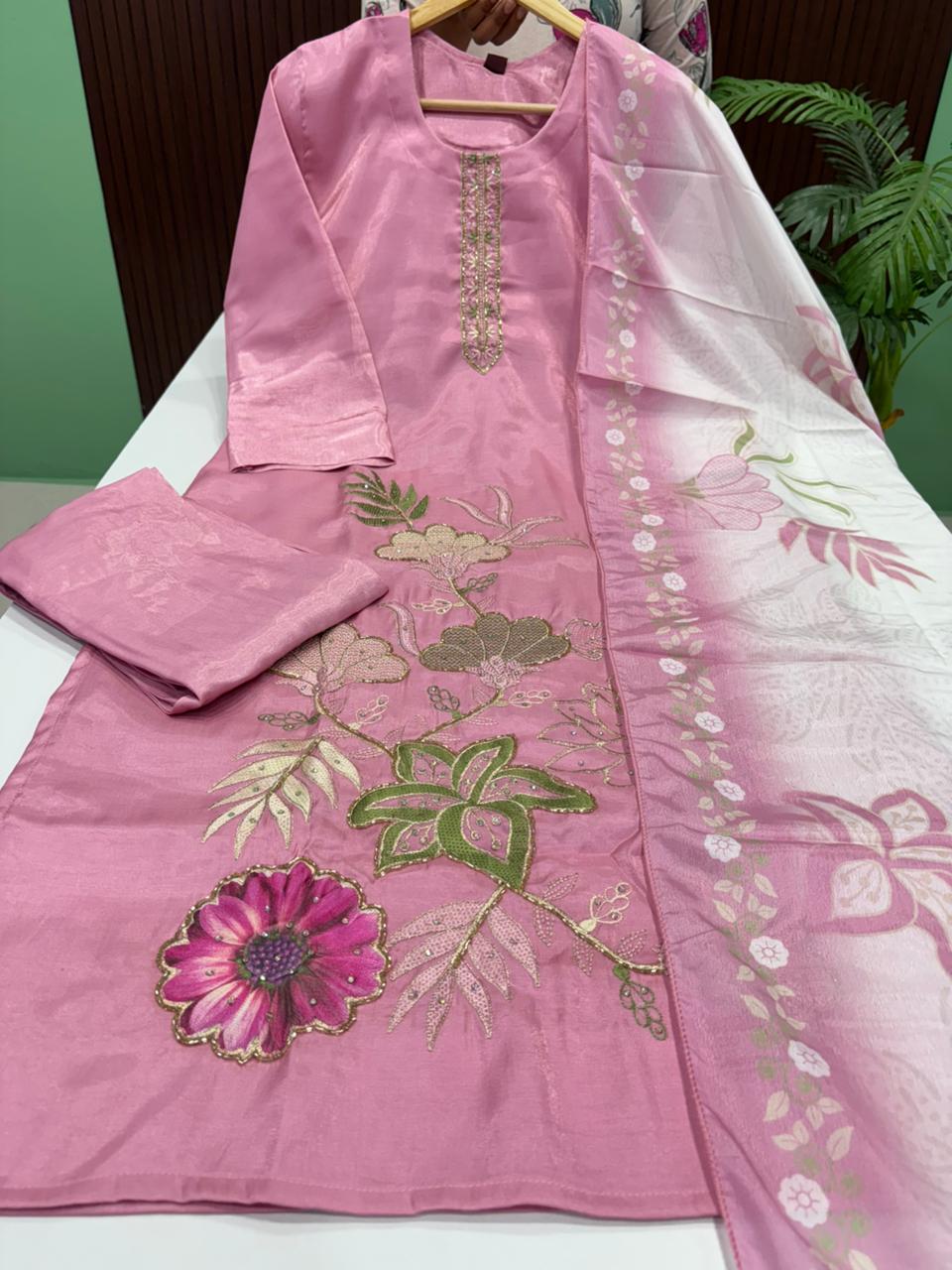Premium Glass Tissue Silk Kurti With Pant & Dupatta Set