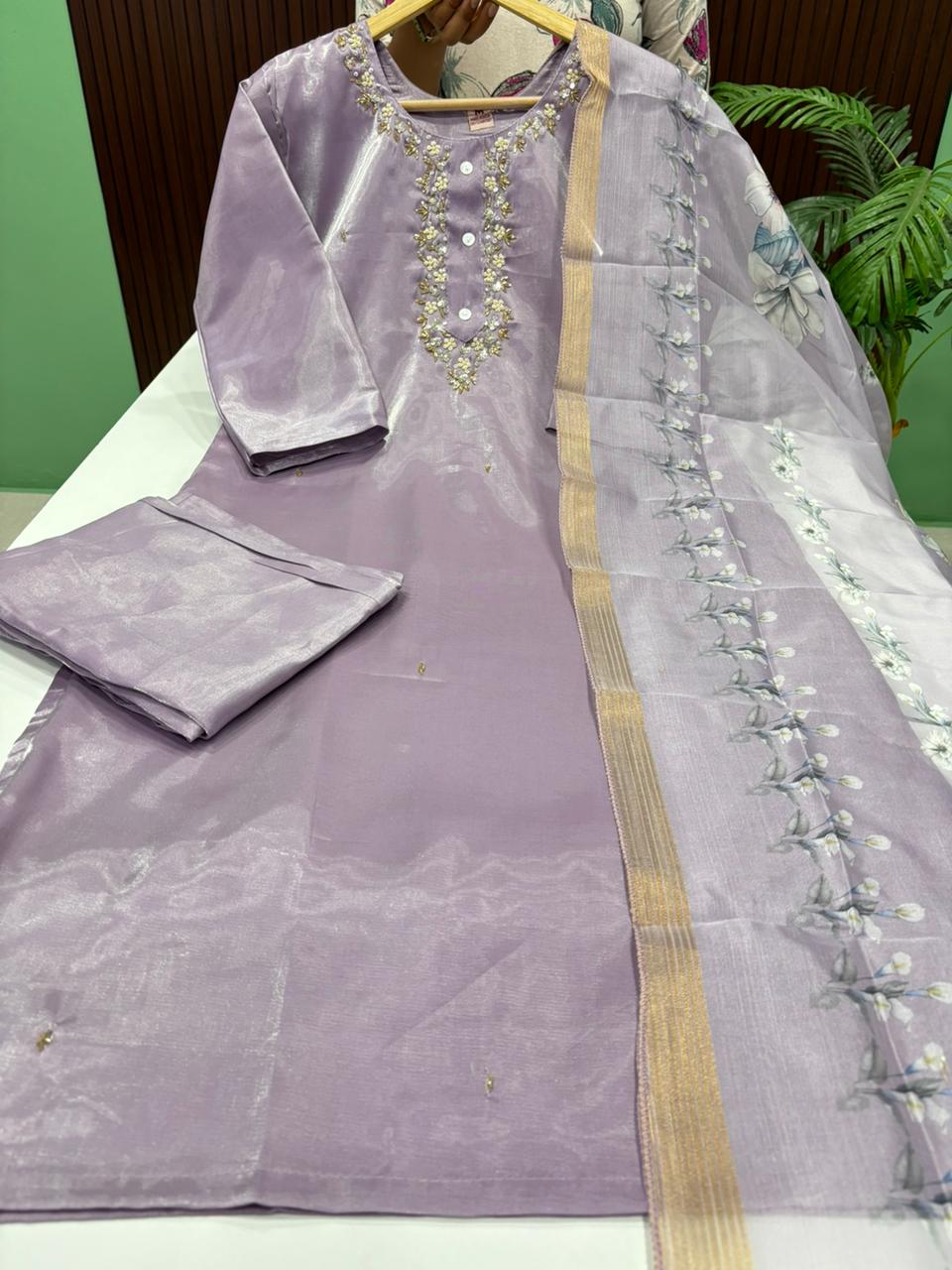 Premium Glass Tissue Silk Kurti With Pant & Dupatta Set