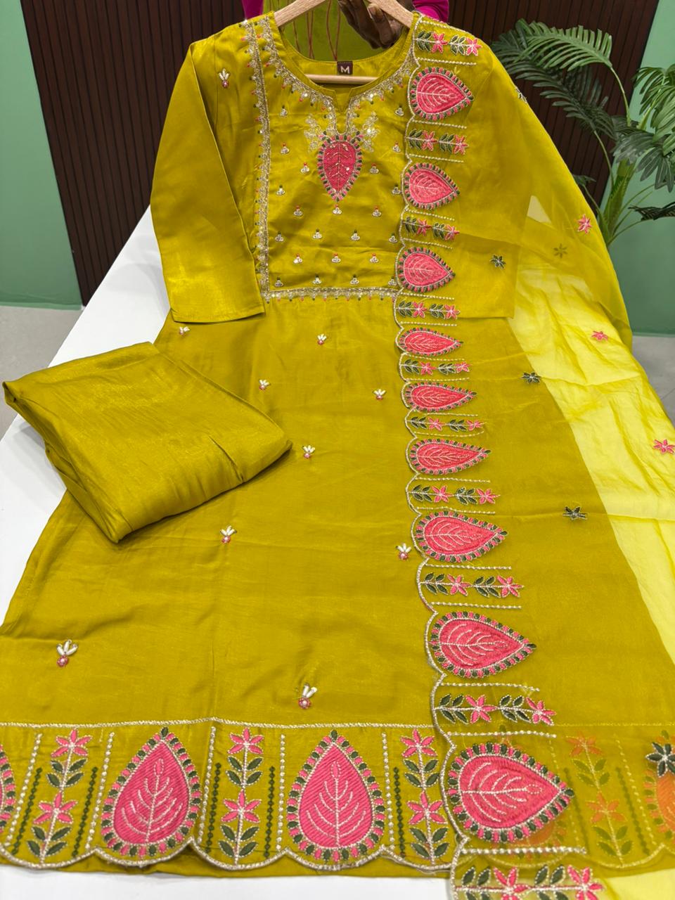 Satin Silk Kurti With Pant & Dupatta Set