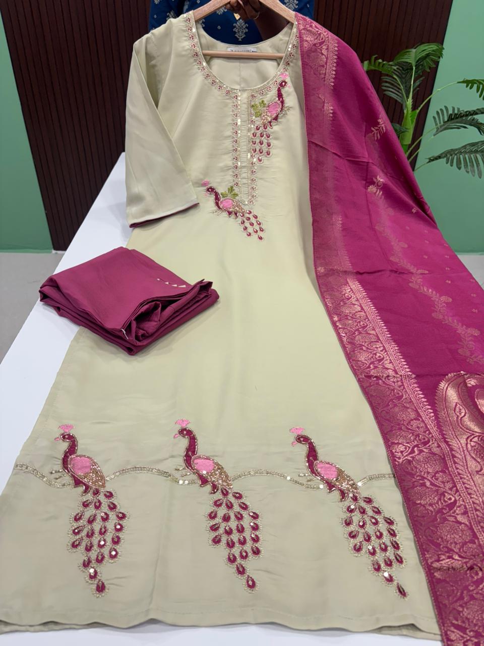 Premium Roman Silk Kurti With Pant & Dupatta Set
