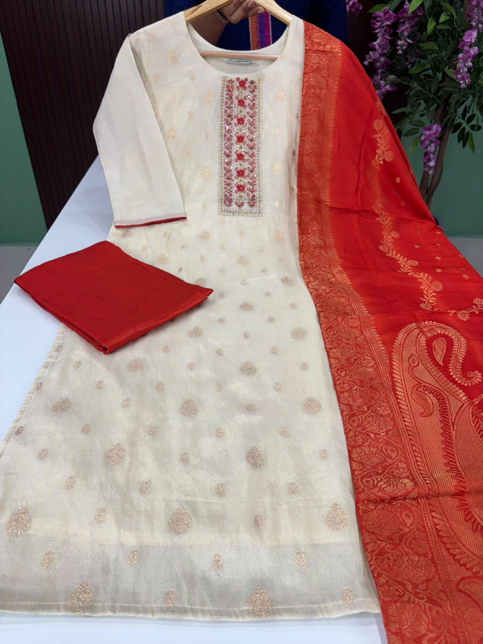 SS7041 Premium Tissue Silk Kurti With Pant & Dupatta Set