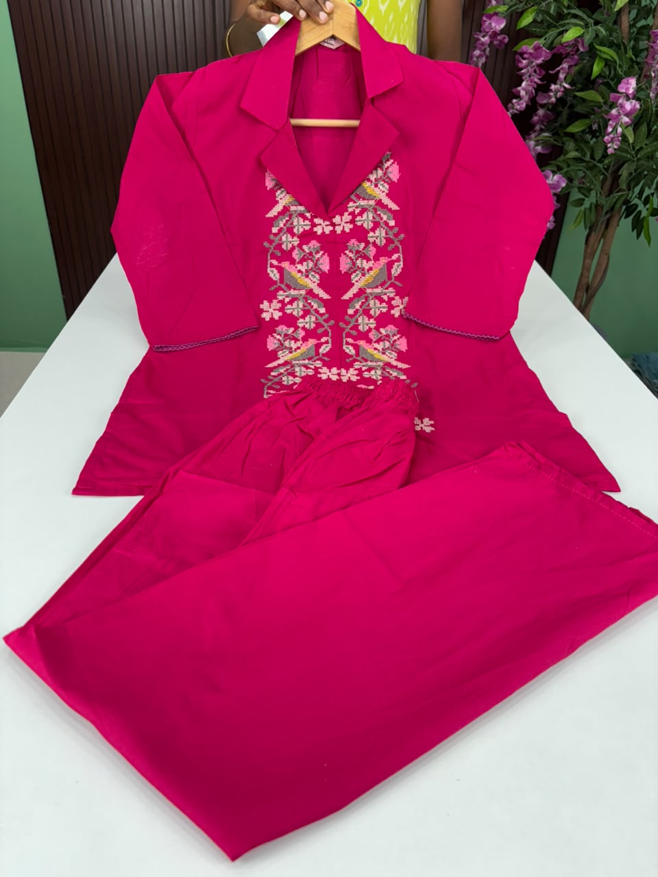 SS7141 Stylish Cotton Blend Co-ord Set - Fuchsia Pink