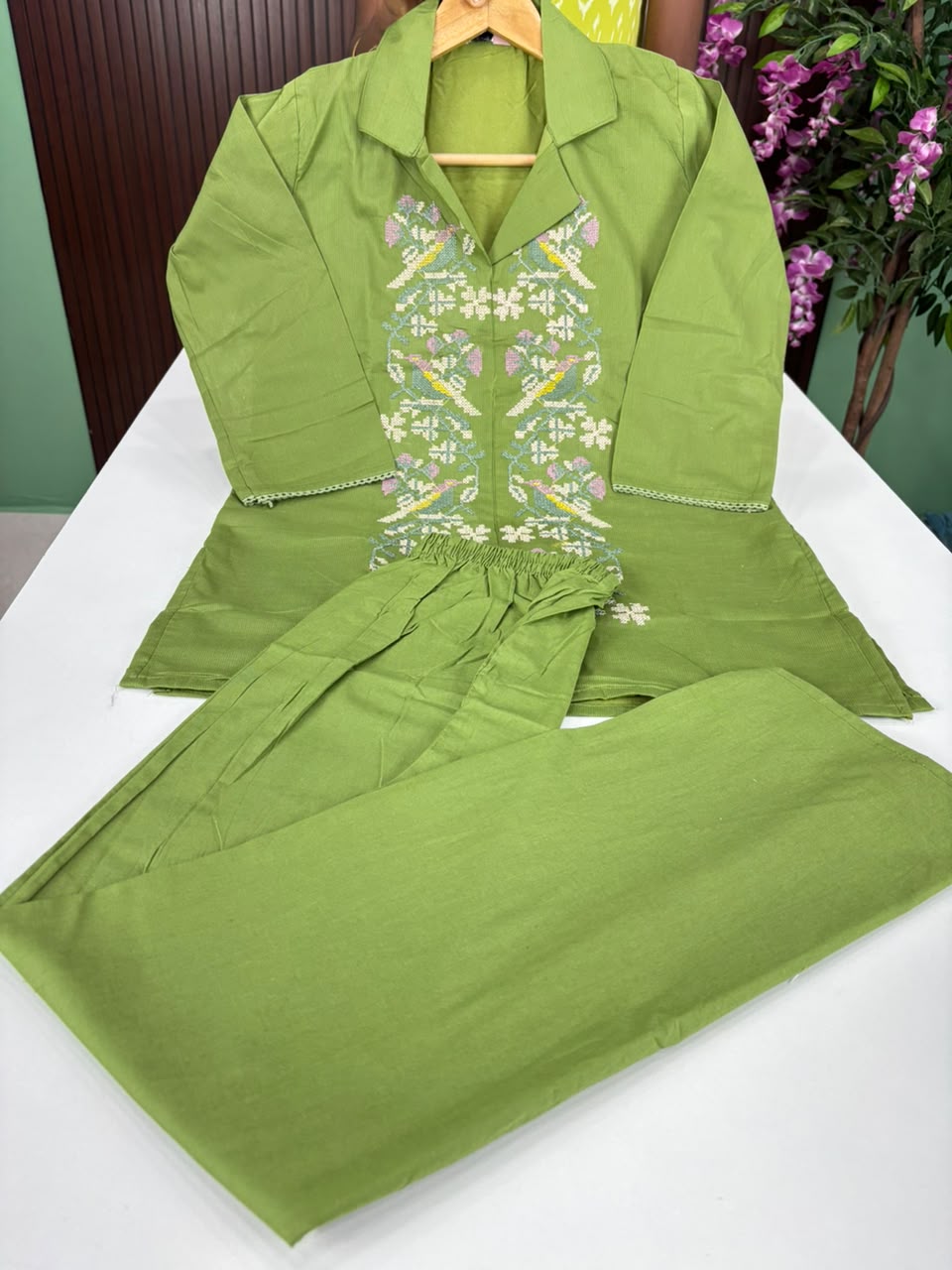 SS7140 Stylish Cotton Blend Co-ord Set - Leaf Green