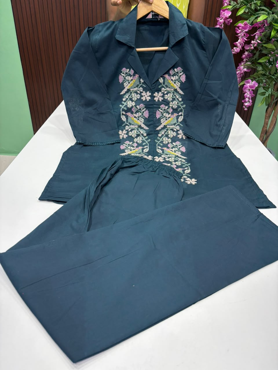SS7145 Stylish Cotton Blend Co-ord Set - Teal Blue